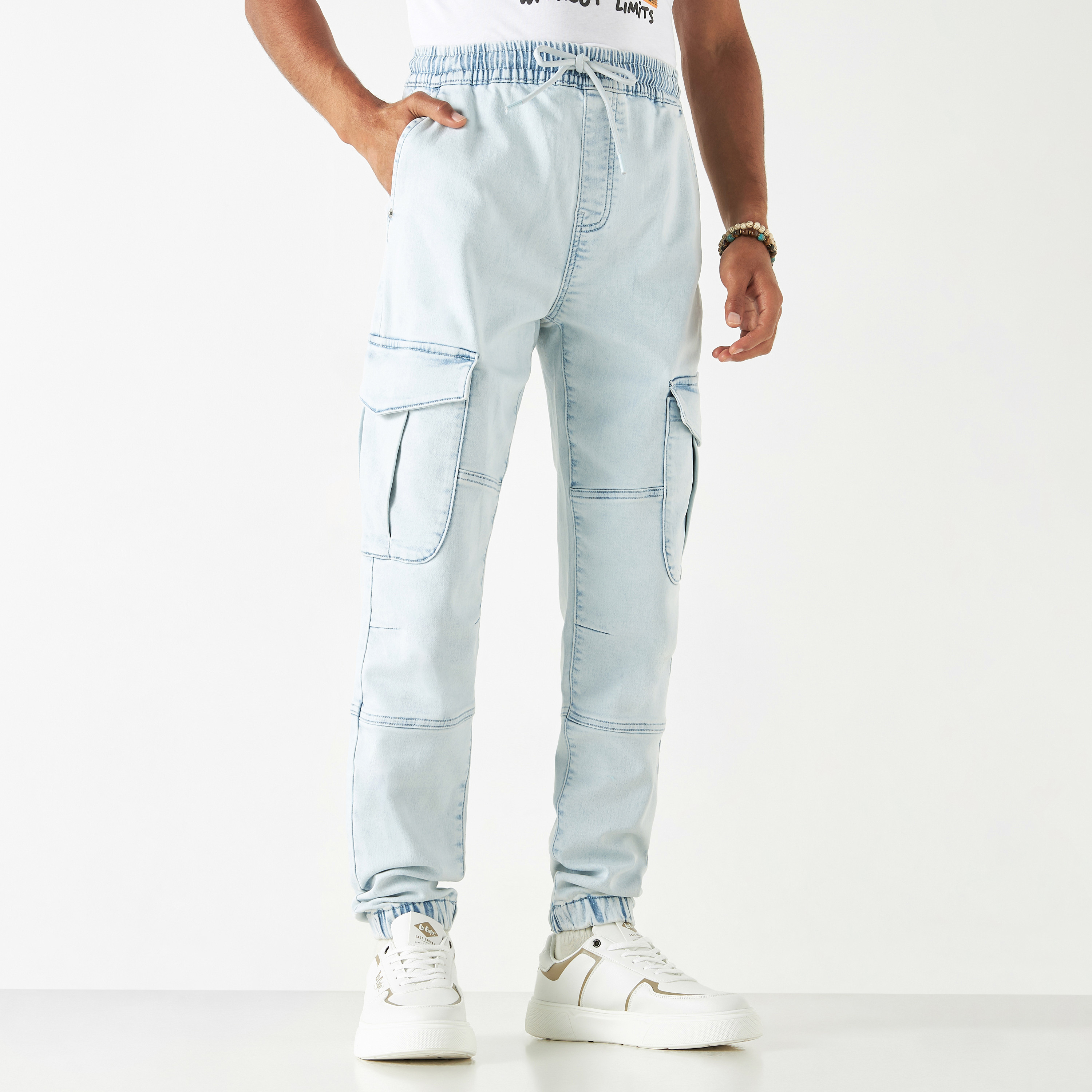 Buy Lee Cooper Denim Joggers with Pockets and Drawstring Closure Splash UAE