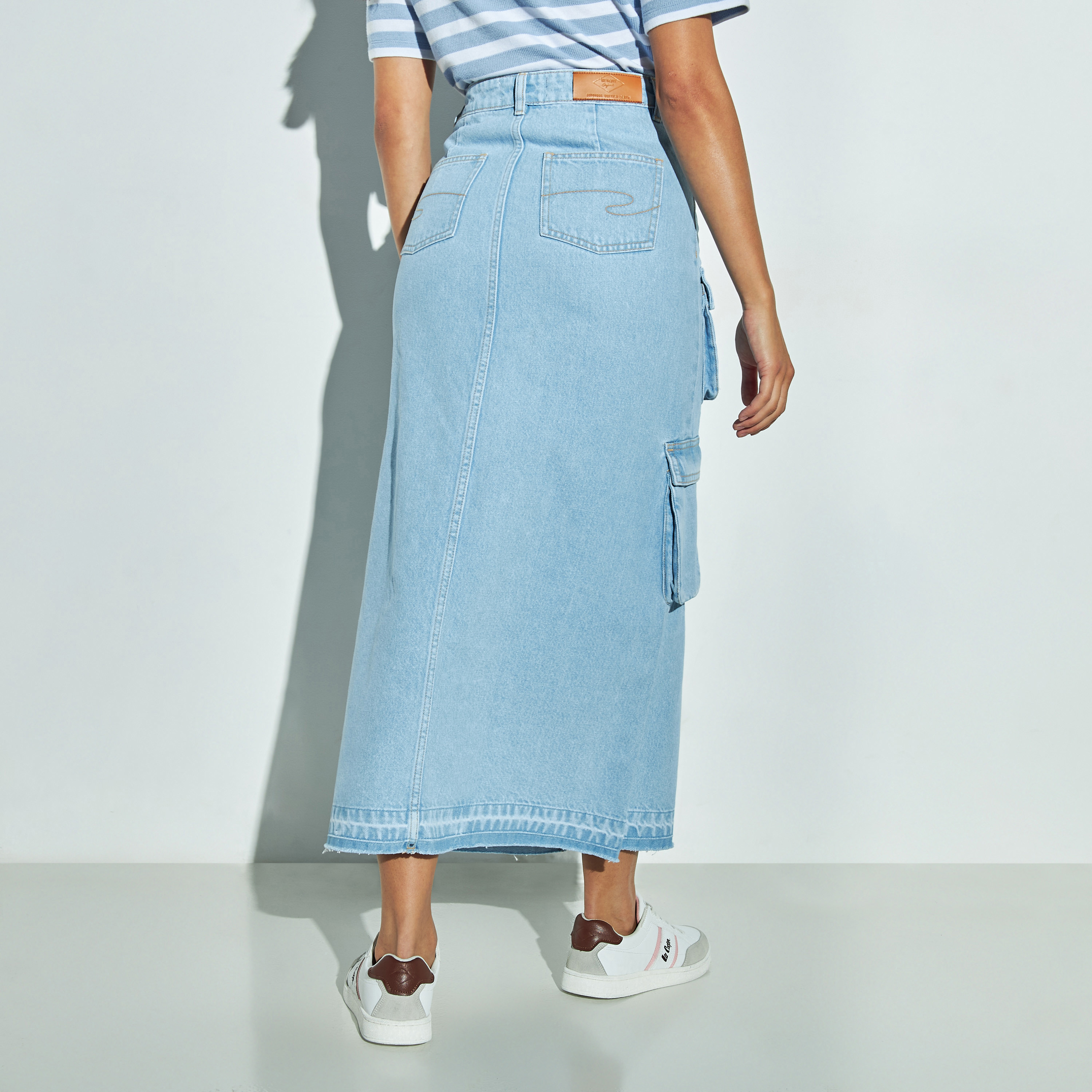 Utility denim outlet midi skirt