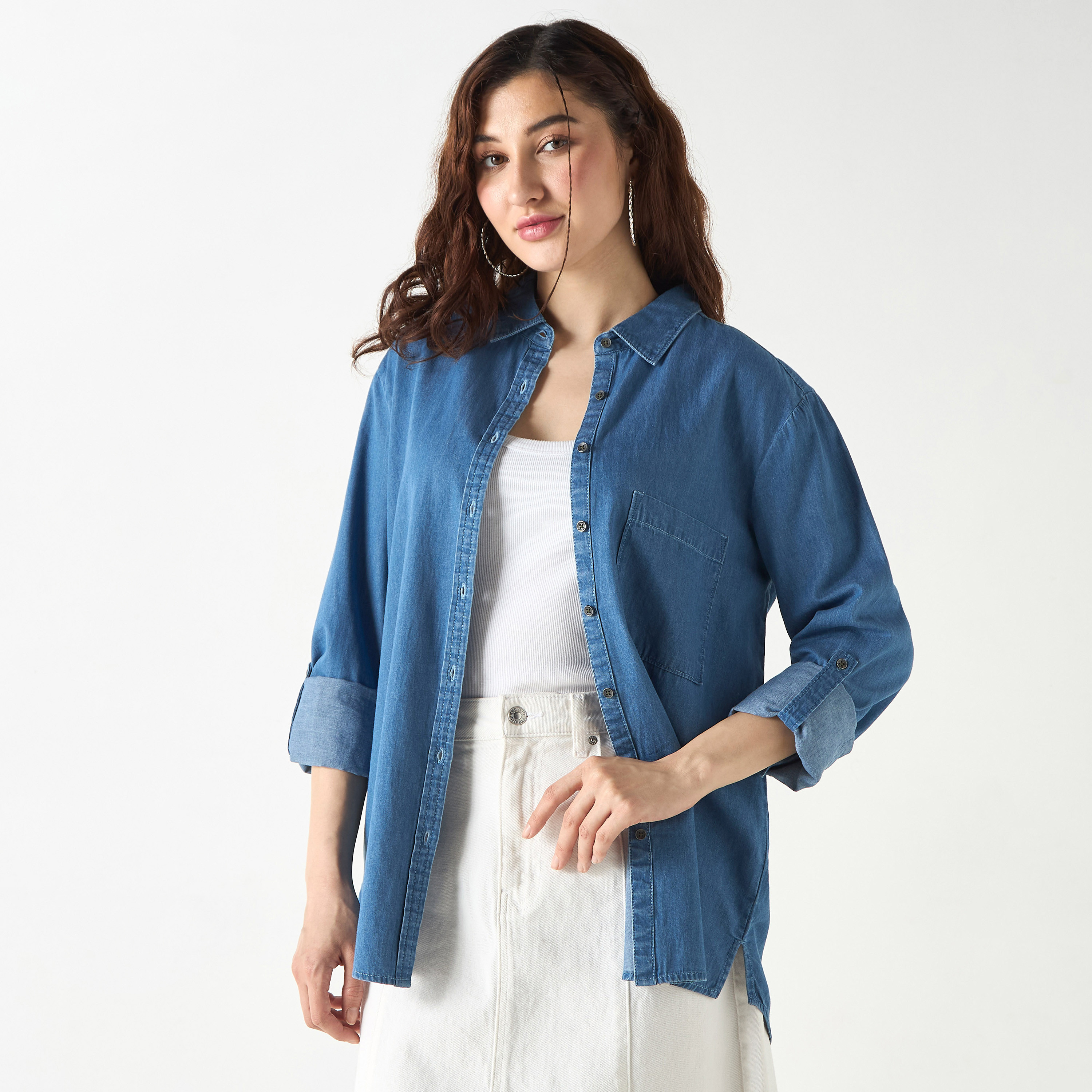 Shop Lee Cooper Denim Shirt with Pocket and Long Sleeves Online