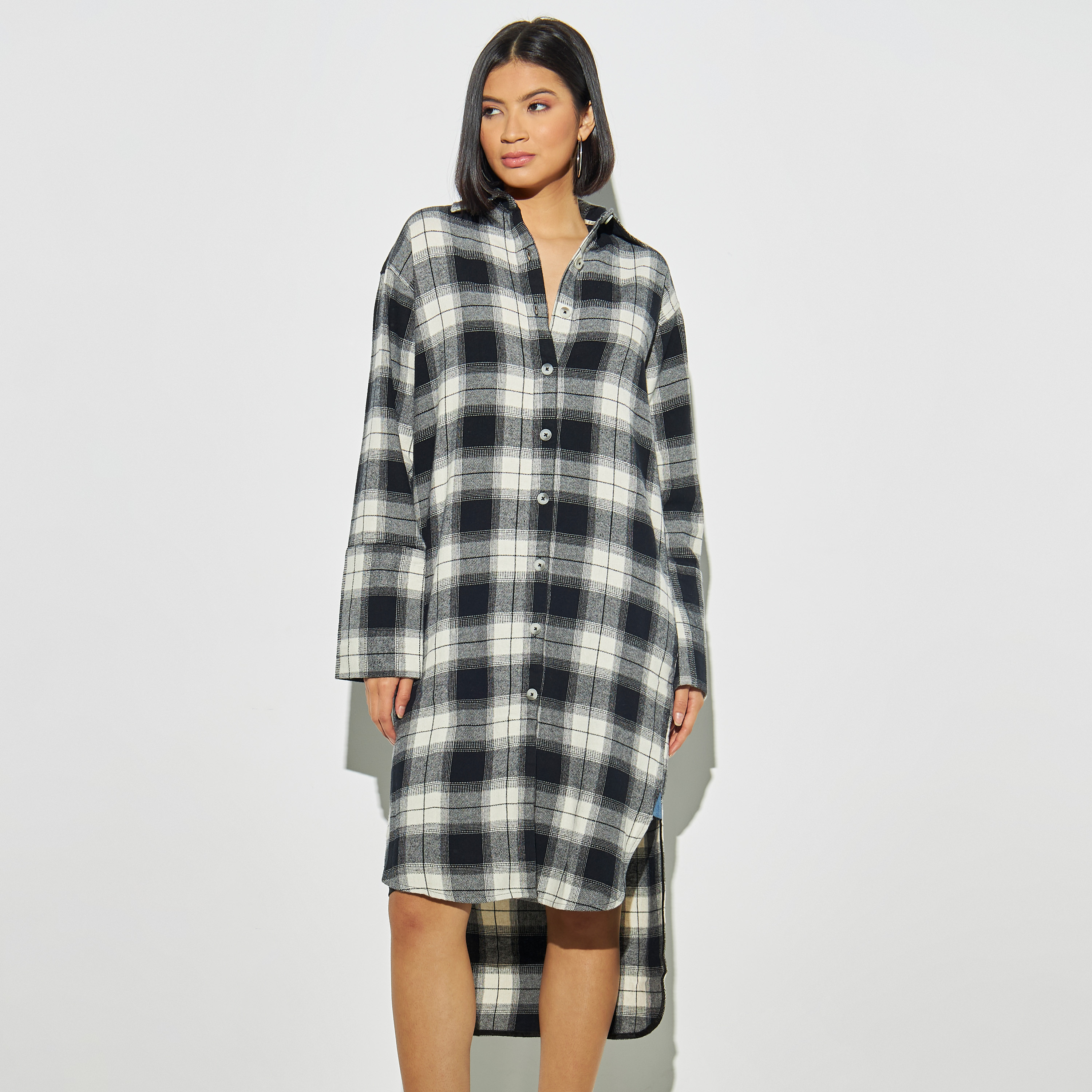 Buy Lee Cooper Checked Shirt Dress with High Low Hem and Long