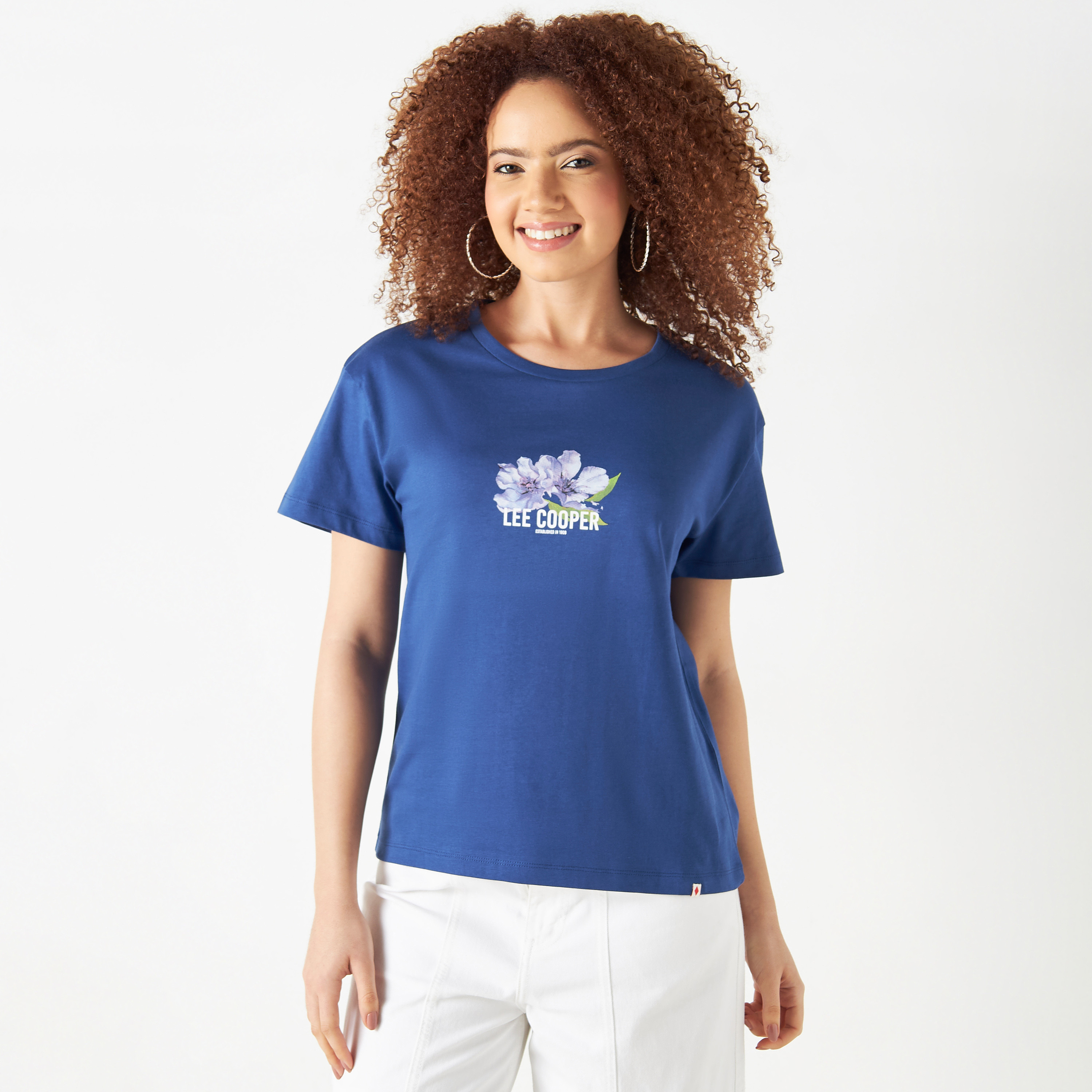 Lee Cooper Logo Detail Cotton T-shirt with Crew Neck and Short Sleeves-women-clothing-tshirts-image-1