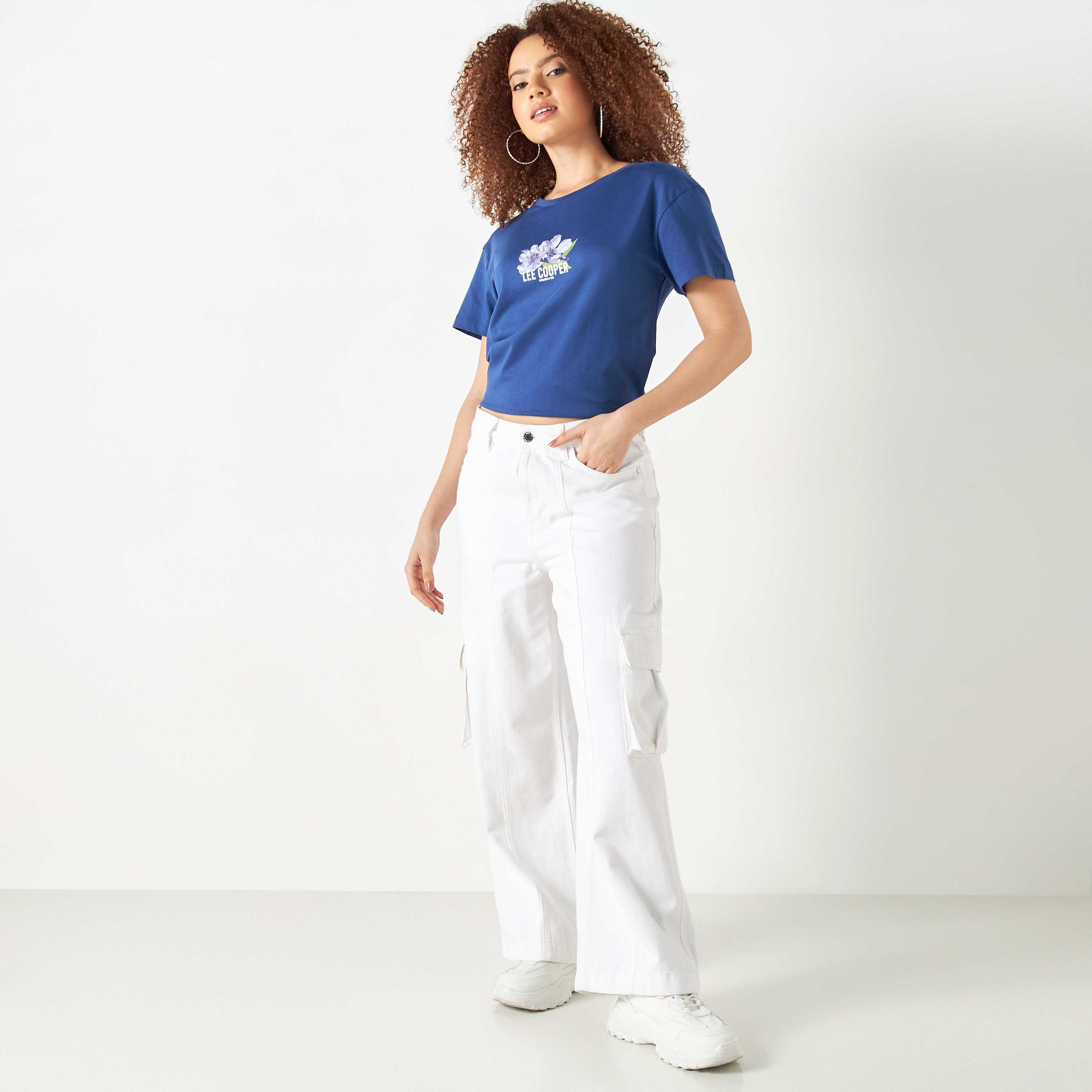 Lee Cooper Logo Detail Cotton T-shirt with Crew Neck and Short Sleeves-women-clothing-tshirts-image-2