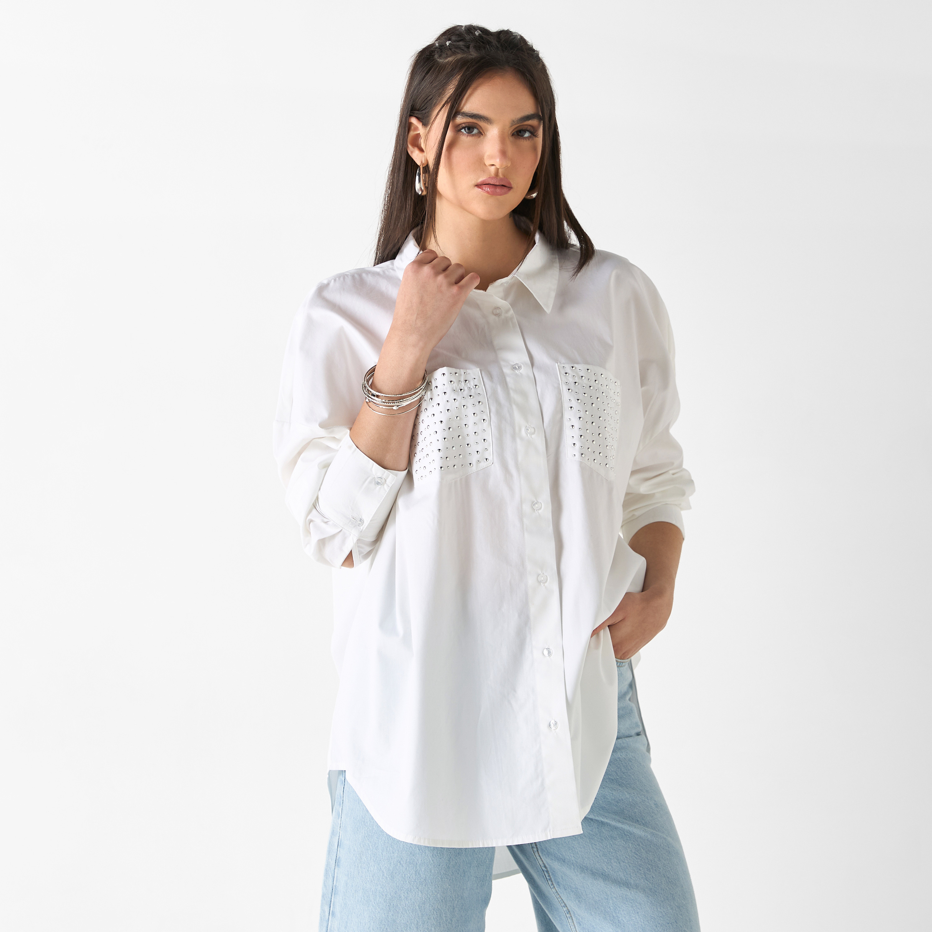 Buy Women s Lee Cooper Stud Detail Shirt with Long Sleeves and Pockets Online Centrepoint Oman