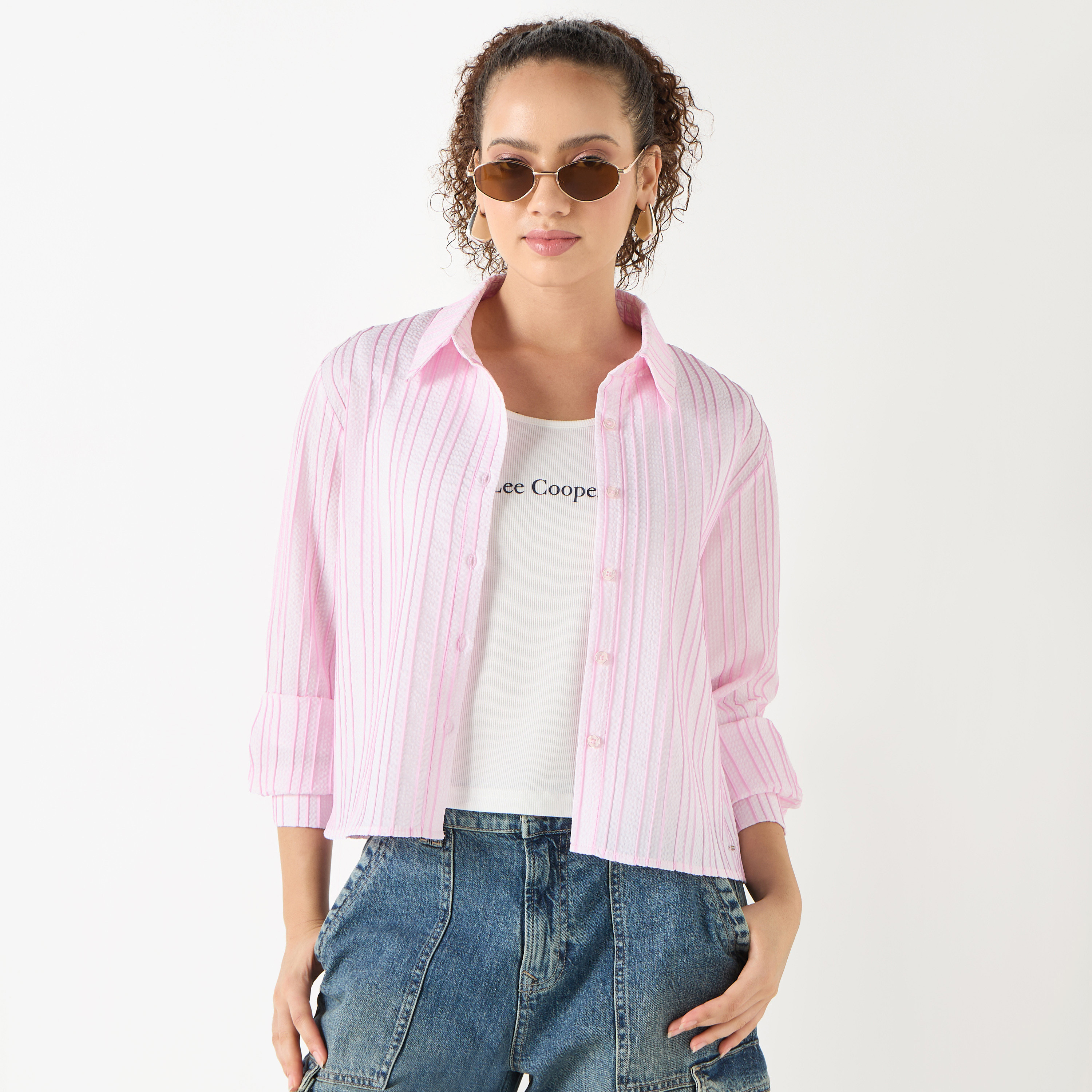 قميص مقلّم بأكمام طويلة وأزرار إغلاق من لي كوبر-women-clothing-shirtsandblouses-shirts-image-5