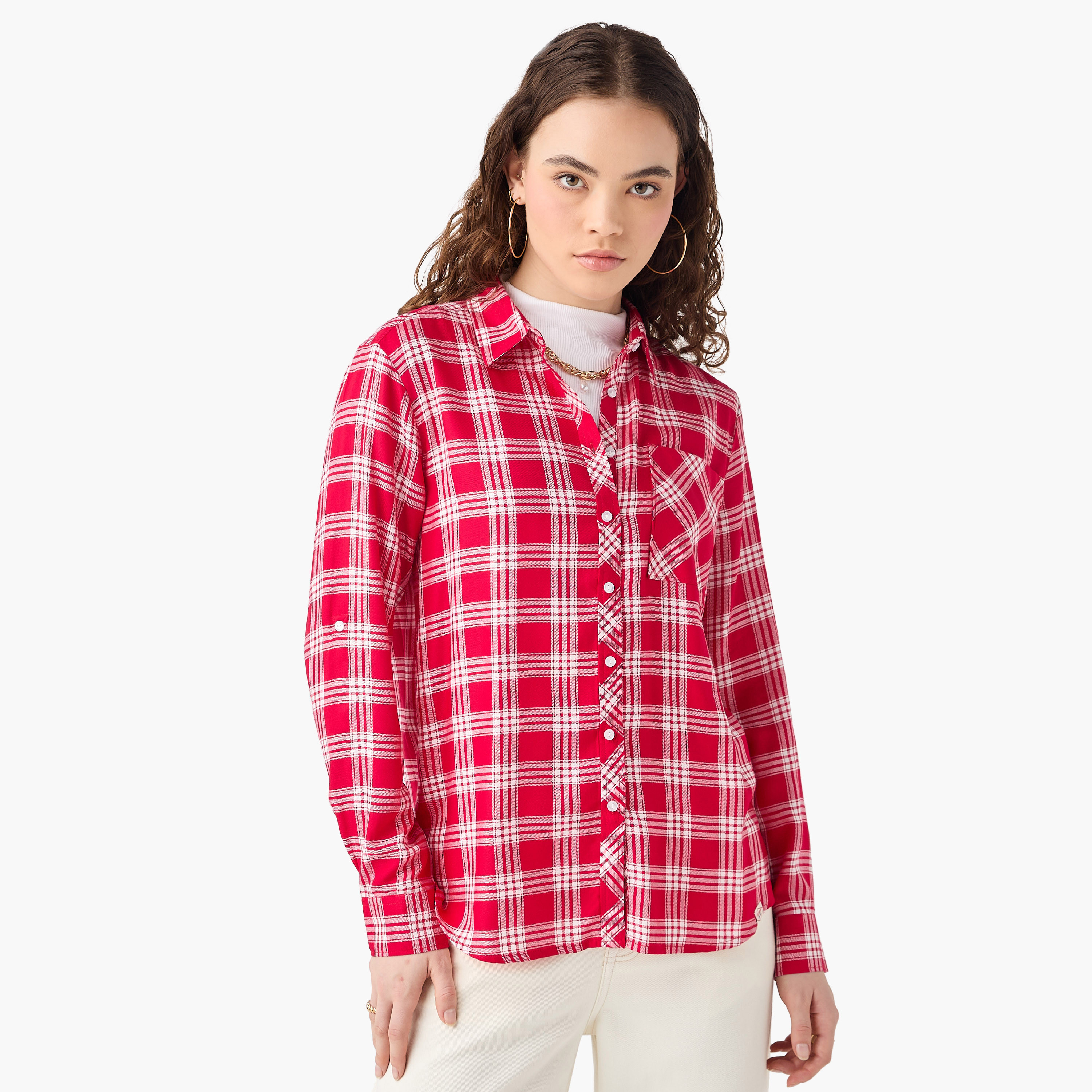 Lee Cooper Regular Fit Checked Collared Shirt with Long Sleeves-women-clothing-shirtsandblouses-shirts-image-1