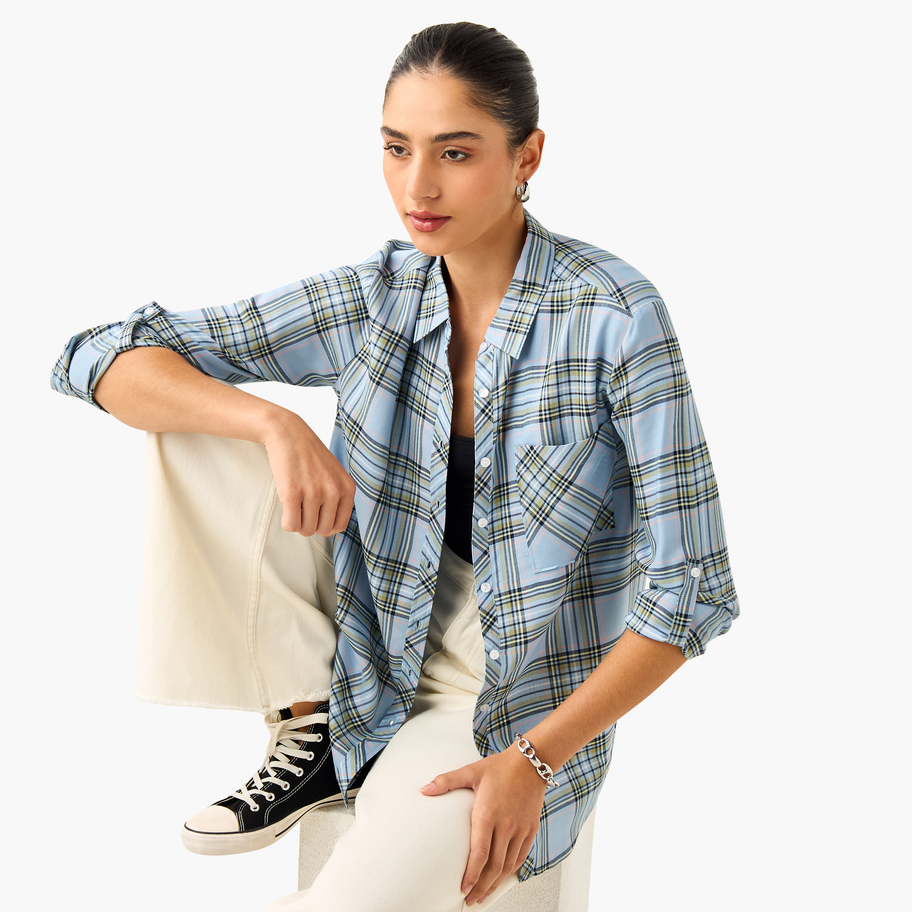 Lee Cooper Regular Fit Checked Collared Shirt with Long Sleeves-women-clothing-shirtsandblouses-shirts-image-1