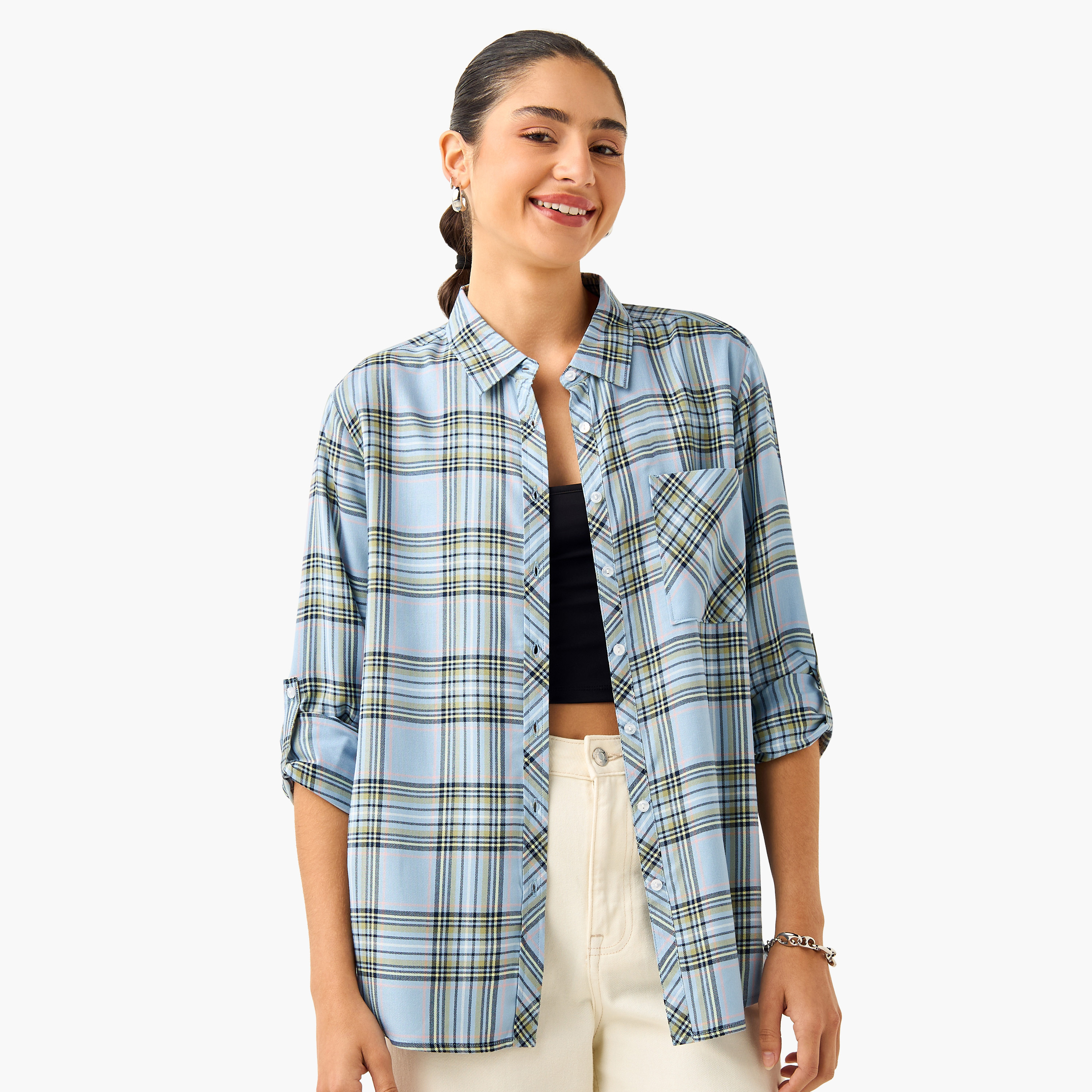 Lee Cooper Regular Fit Checked Collared Shirt with Long Sleeves-women-clothing-shirtsandblouses-shirts-image-6