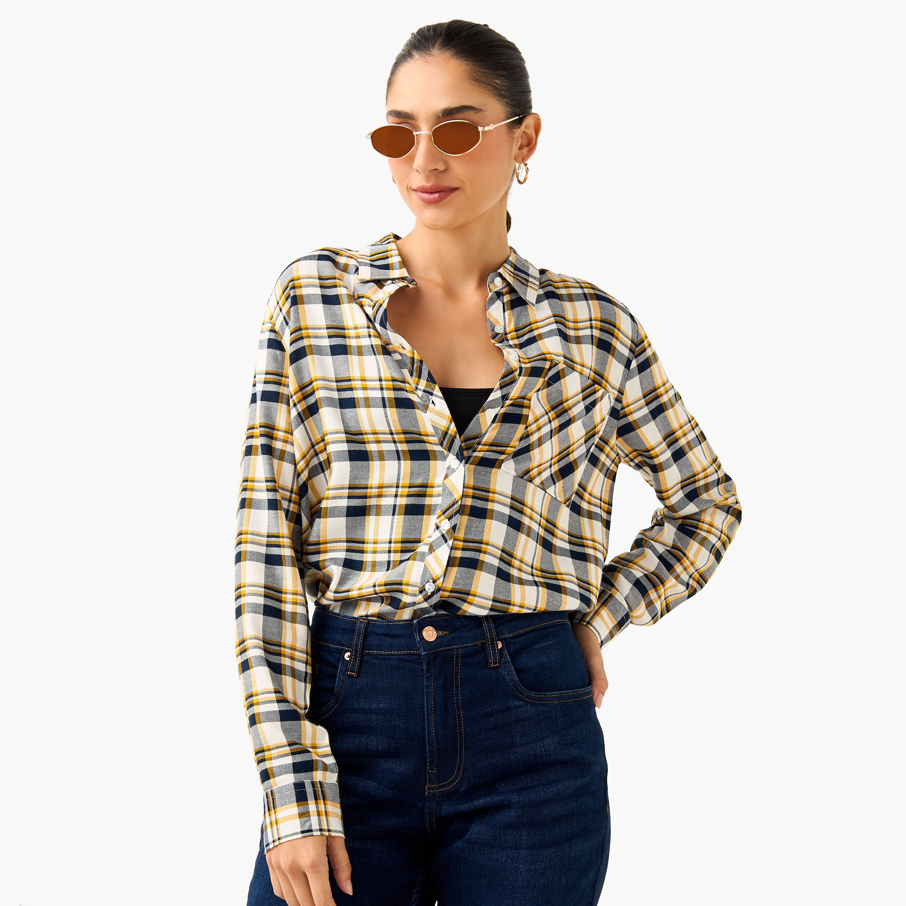 Lee Cooper Regular Fit Checked Collared Shirt with Long Sleeves-women-clothing-shirtsandblouses-shirts-image-1