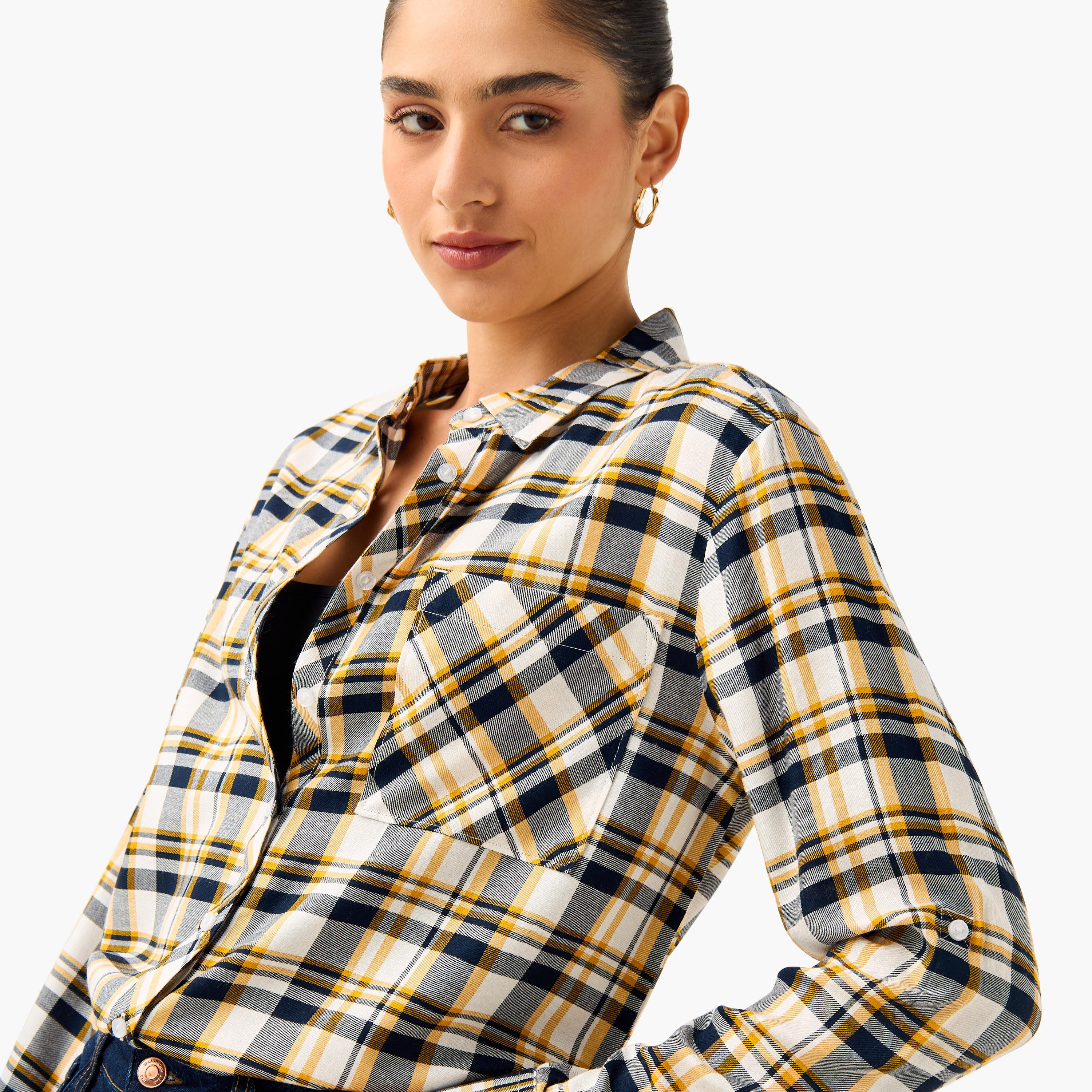 Lee Cooper Regular Fit Checked Collared Shirt with Long Sleeves-women-clothing-shirtsandblouses-shirts-image-4