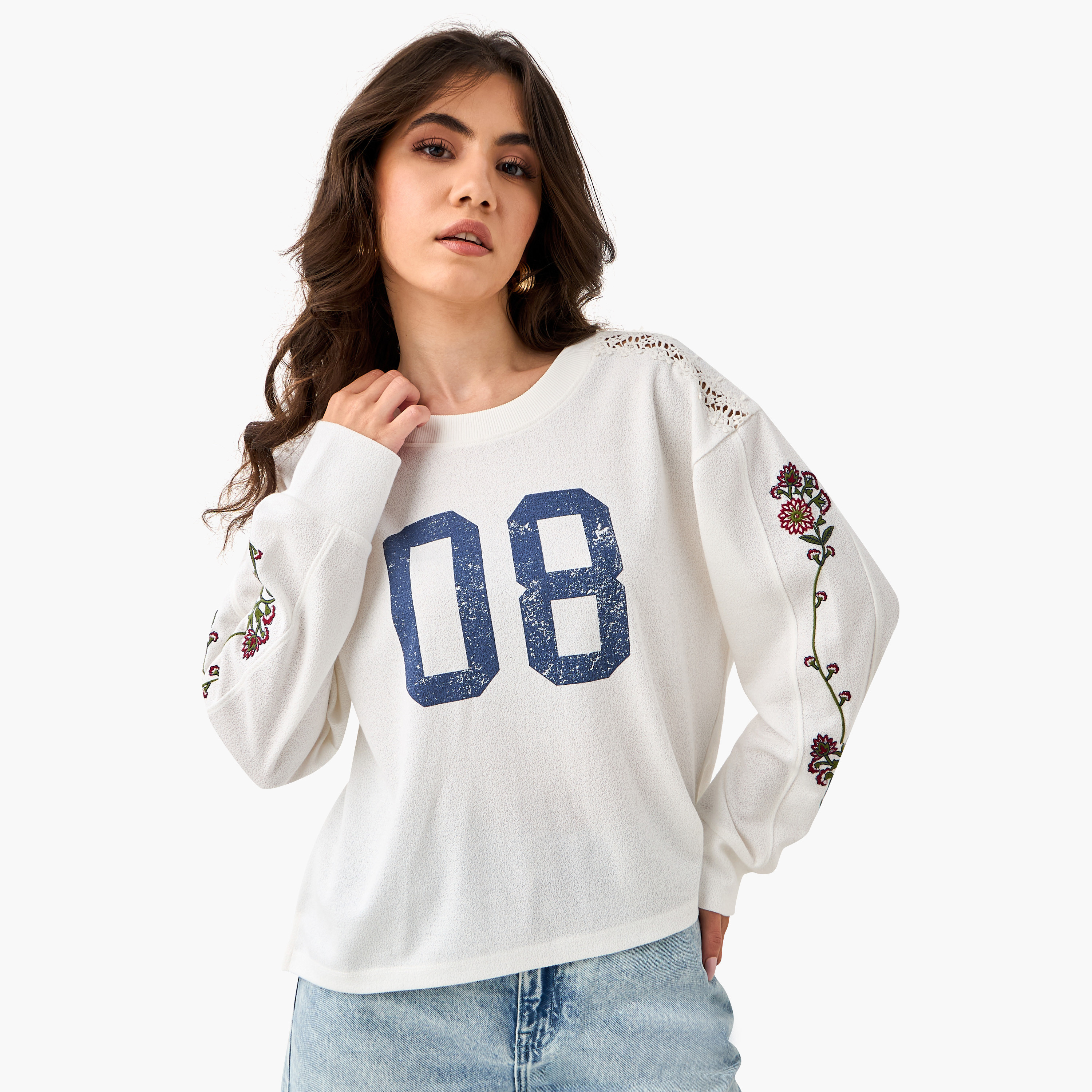 Lee Cooper Embroidered Varsity Print T-shirt with Crew Neck-women-clothing-tshirts-image-1