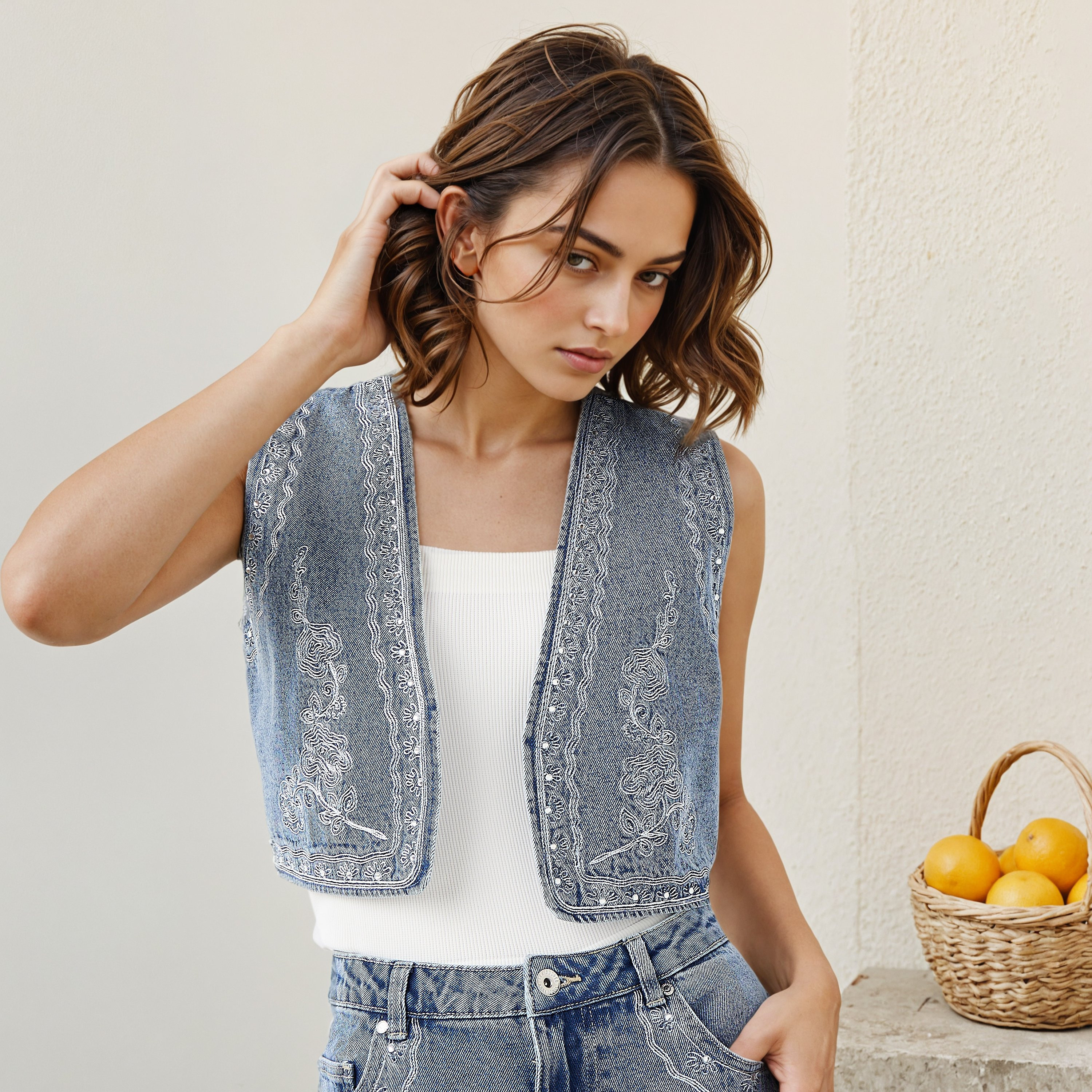 جاكيت دينم قصير مطرّز بدون أكمام من لي كوبر-women-winterwear-coatsandjackets-waistcoats-image-5
