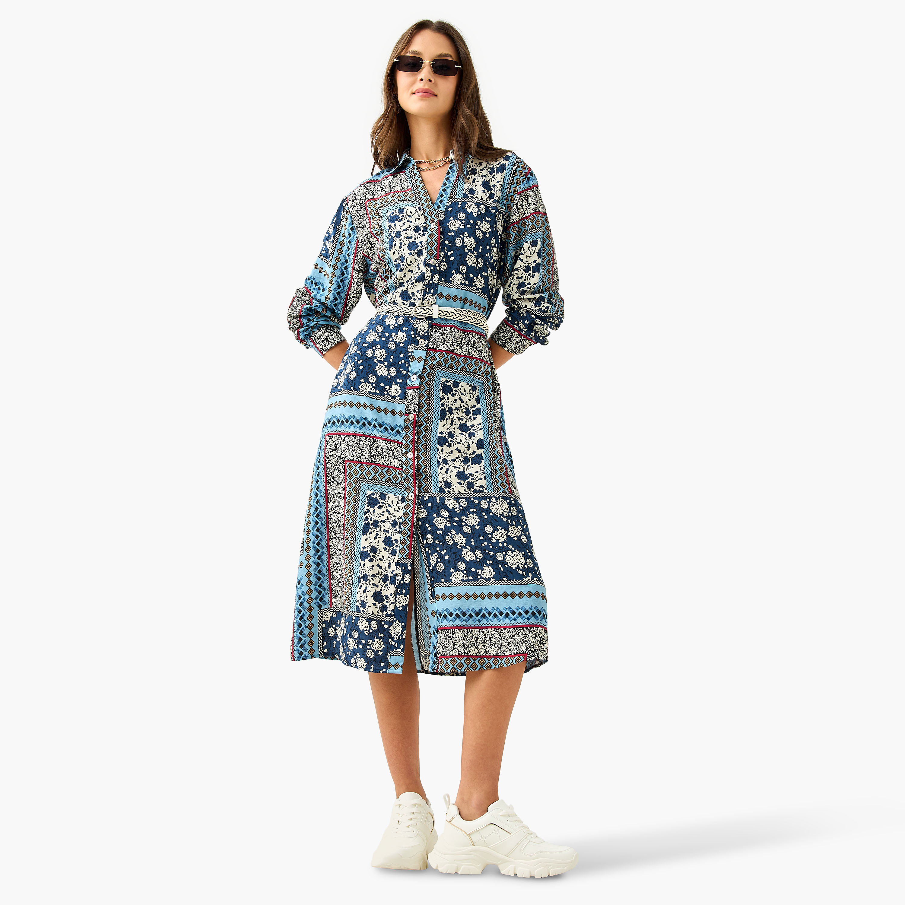 Lee Cooper All-Over Print Shirt Dress with Collar and Belt-women-clothing-dresses-image-2