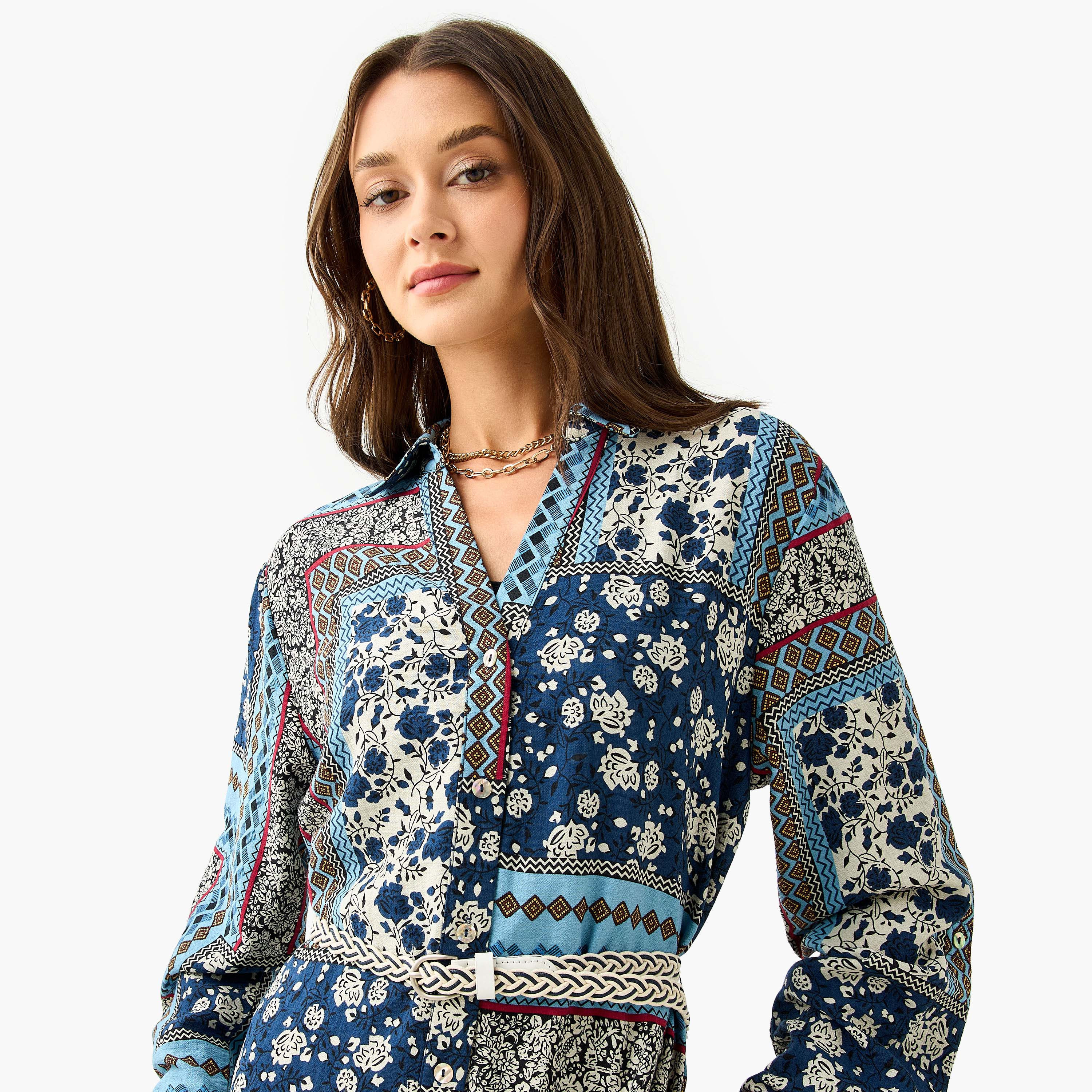 Lee Cooper All-Over Print Shirt Dress with Collar and Belt-women-clothing-dresses-image-4