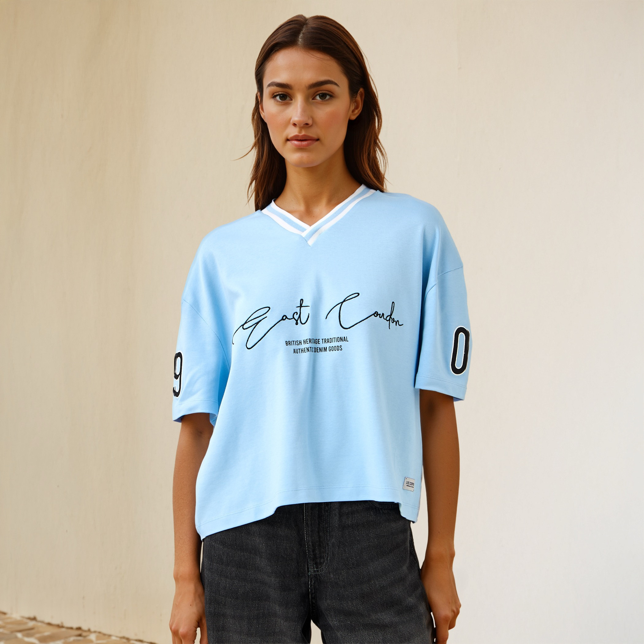 Lee Cooper Typographic Print V-neck Cotton T-shirt-women-clothing-tshirts-image-1