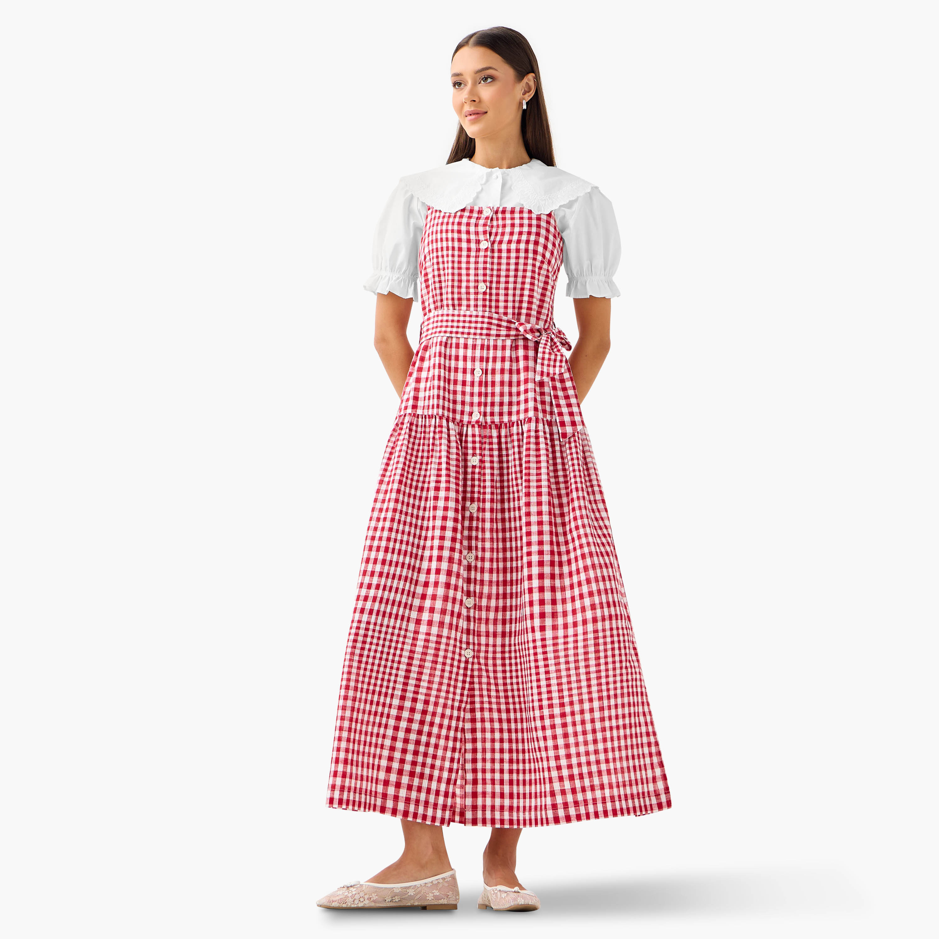 فستان كشكش بدون أكمام بطبعات مربعات وياقة مربعة من لي كوبر-women-clothing-dresses-image-1