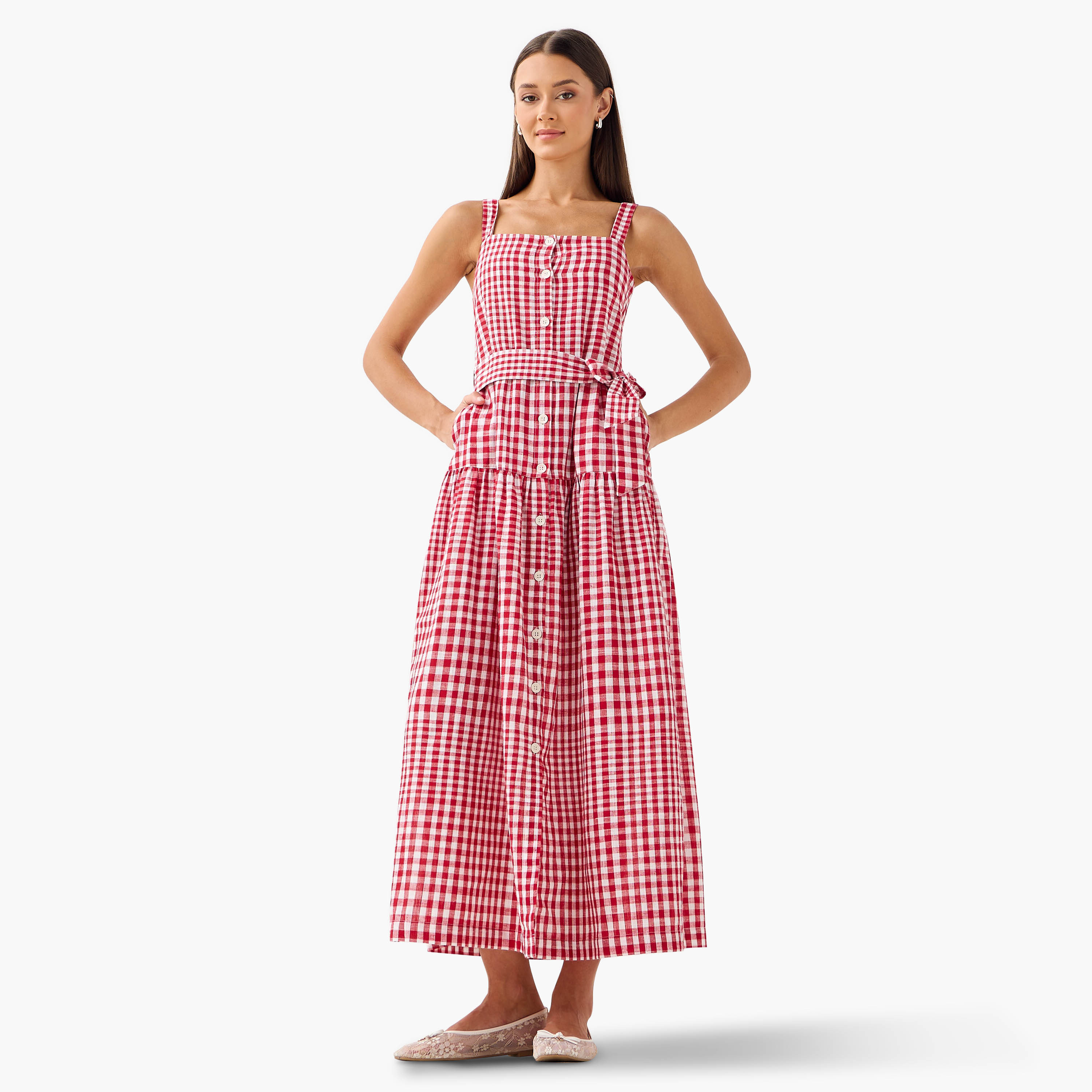 فستان كشكش بدون أكمام بطبعات مربعات وياقة مربعة من لي كوبر-women-clothing-dresses-image-2
