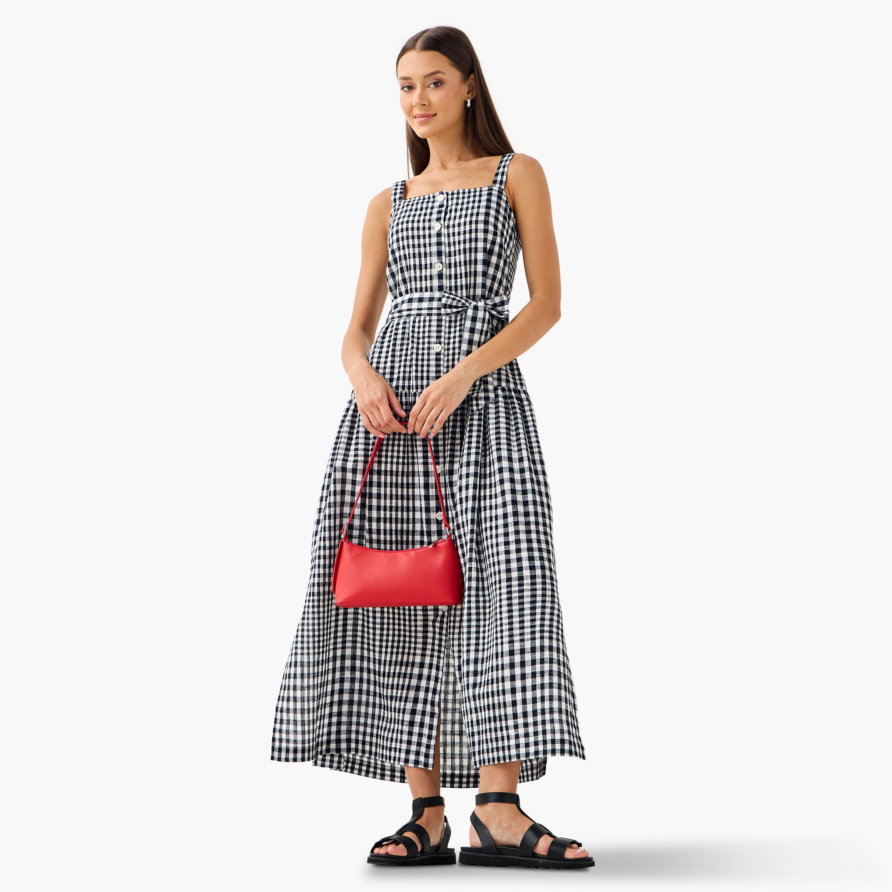 Lee Cooper Checked Sleeveless Tiered Linen Blend Dress with Square Neck-women-clothing-dresses-image-1