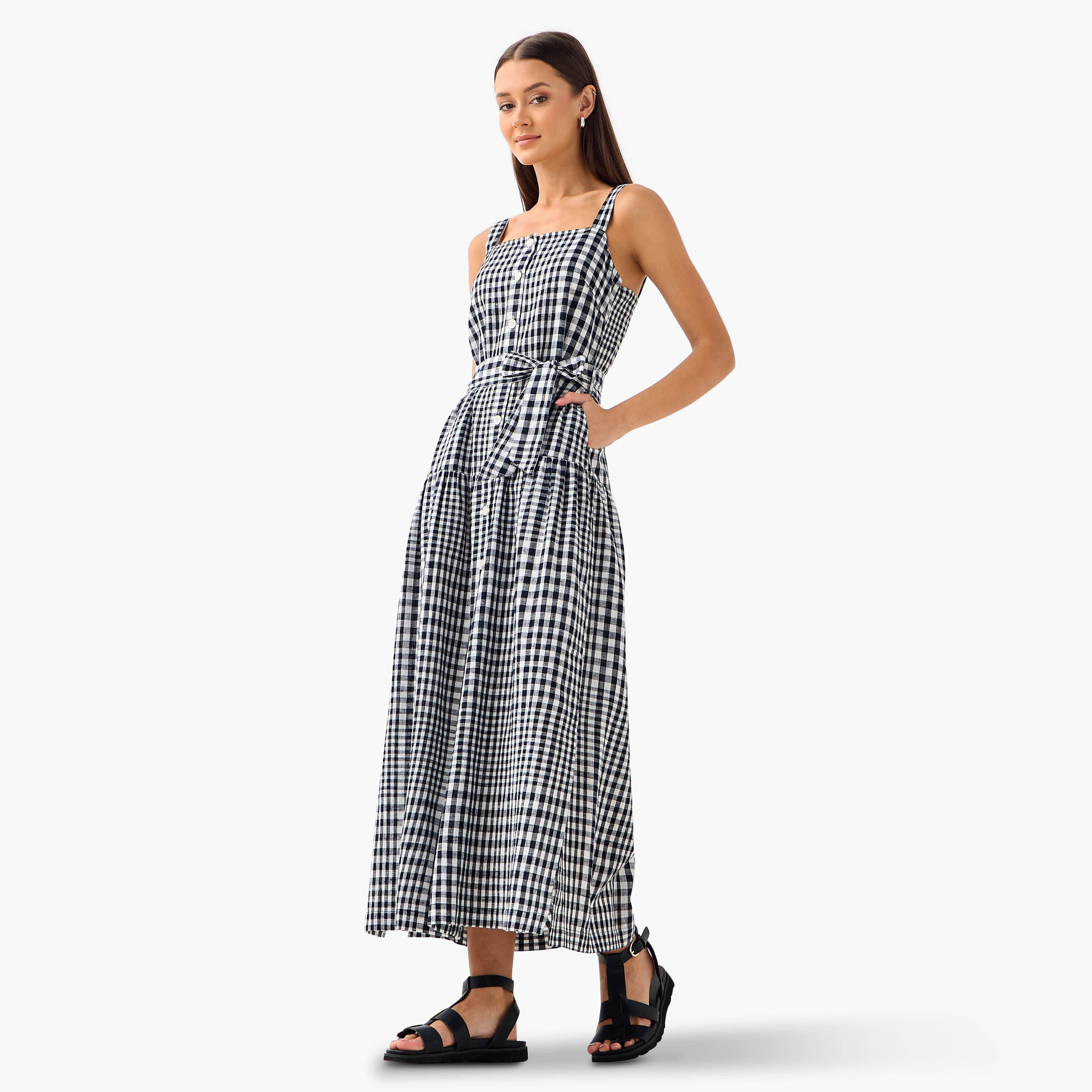 Lee Cooper Checked Sleeveless Tiered Linen Blend Dress with Square Neck-women-clothing-dresses-image-2