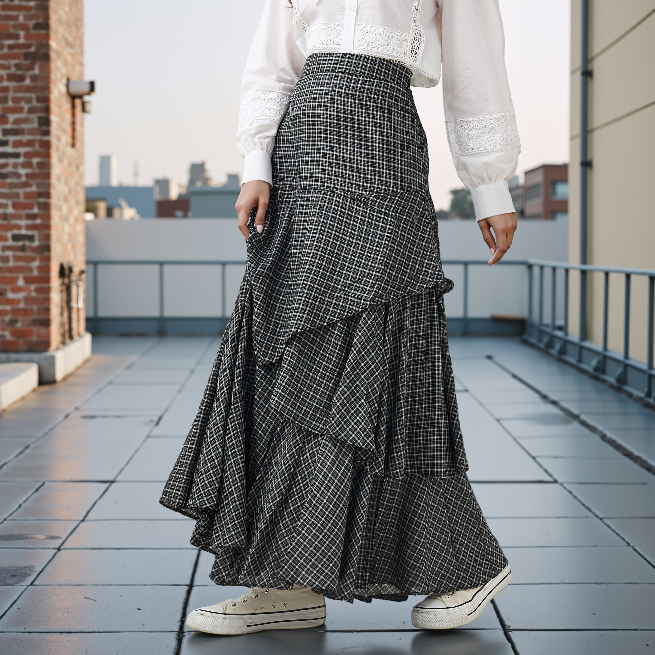 Lee Cooper Checked Layered Maxi Skirt with Semi-Elasticated Waist-women-clothing-bottoms-skirts-image-1