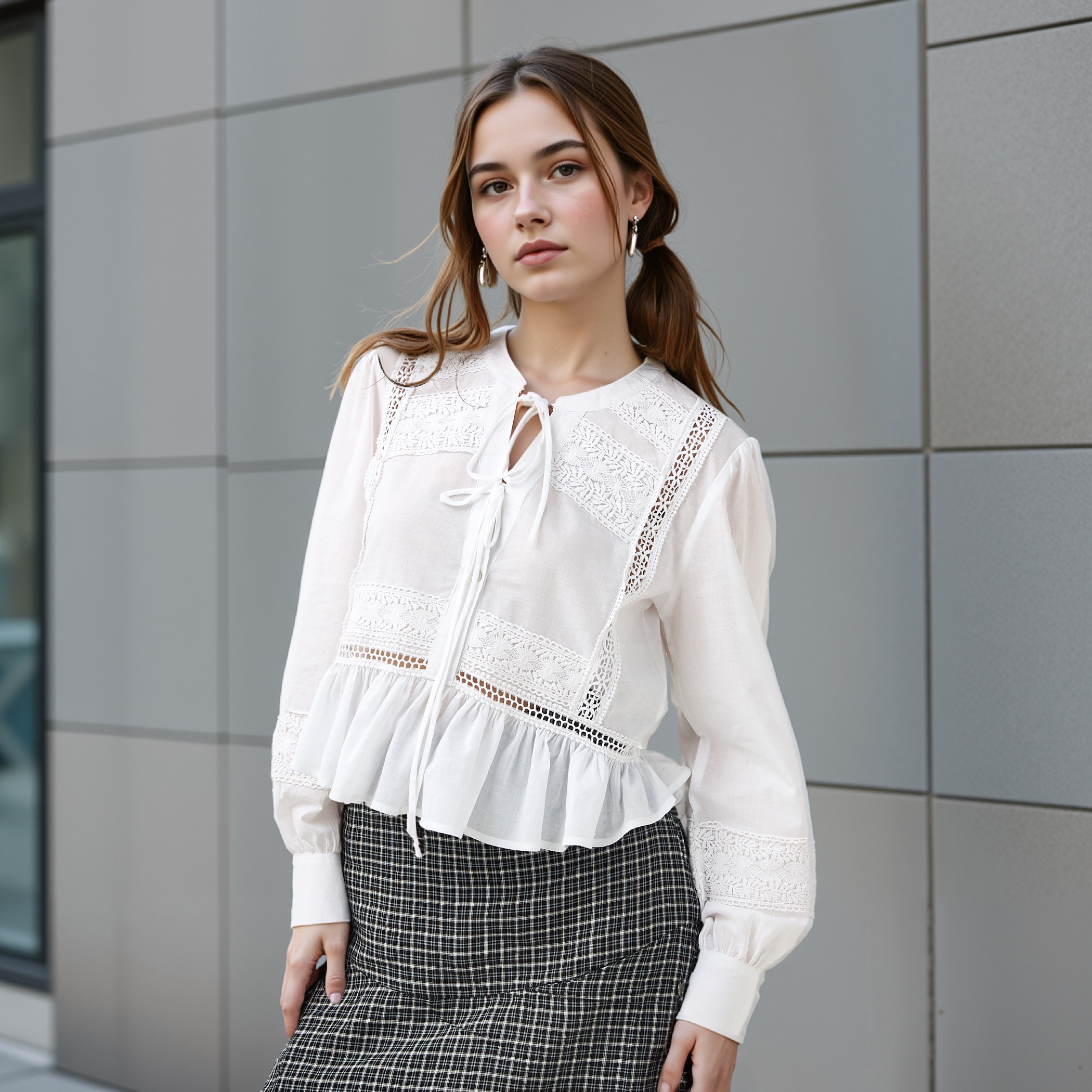 Lee Cooper Lace Detail Cotton Peplum Top with Tie-Ups-women-clothing-shirtsandblouses-blouses-image-1