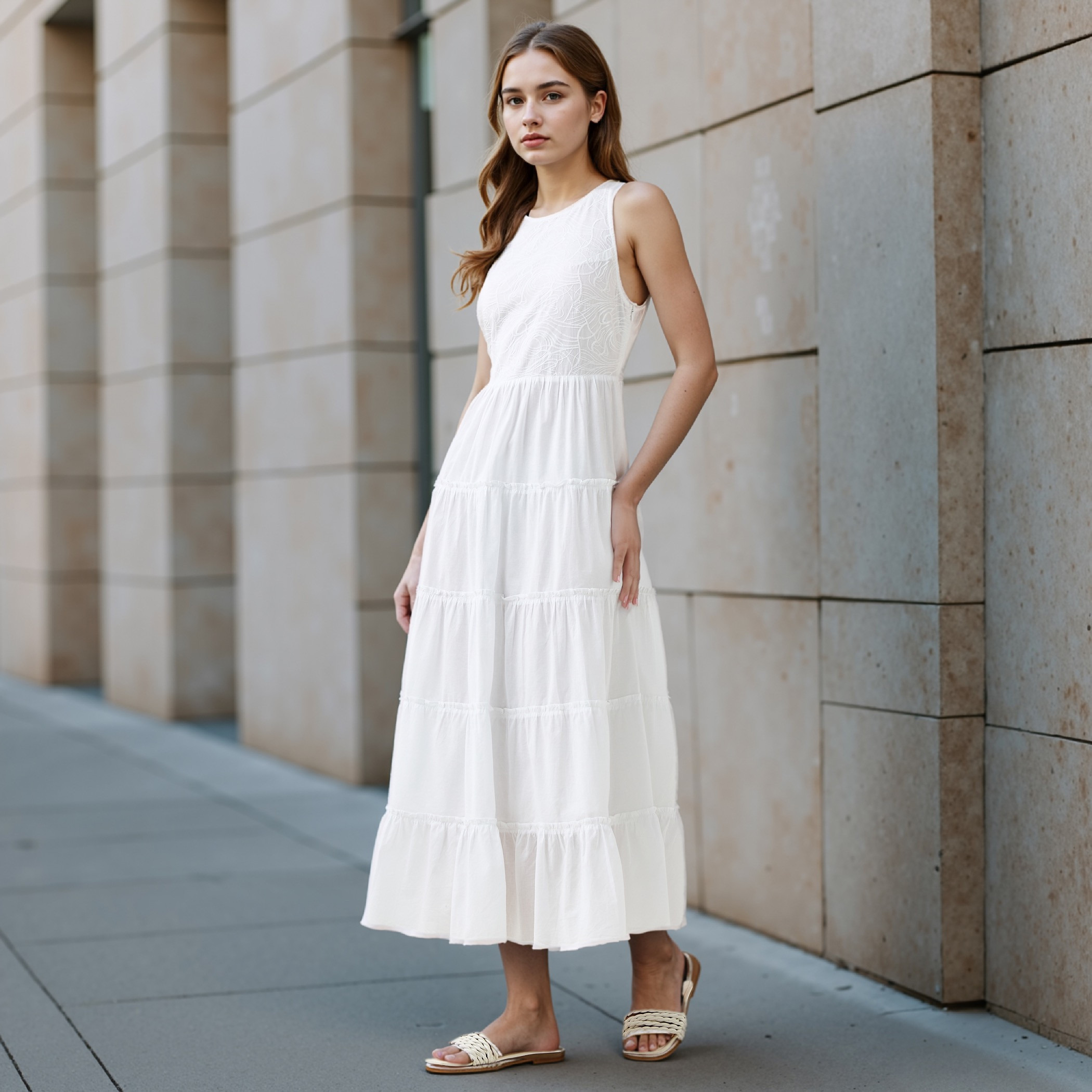Lee Cooper Tiered Sleeveless Maxi Cotton Dress with Embroidered Detail-women-clothing-dresses-image-1