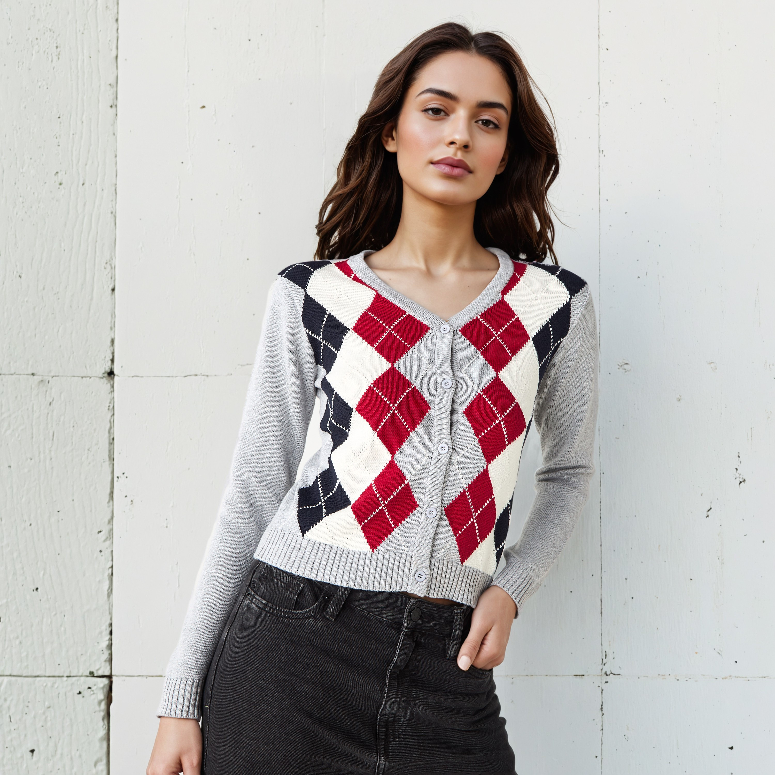 Lee Cooper Argyle Print Cardigan with V-neck and Long Sleeves-women-winterwear-cardigansandjumpers-cardigans-image-1