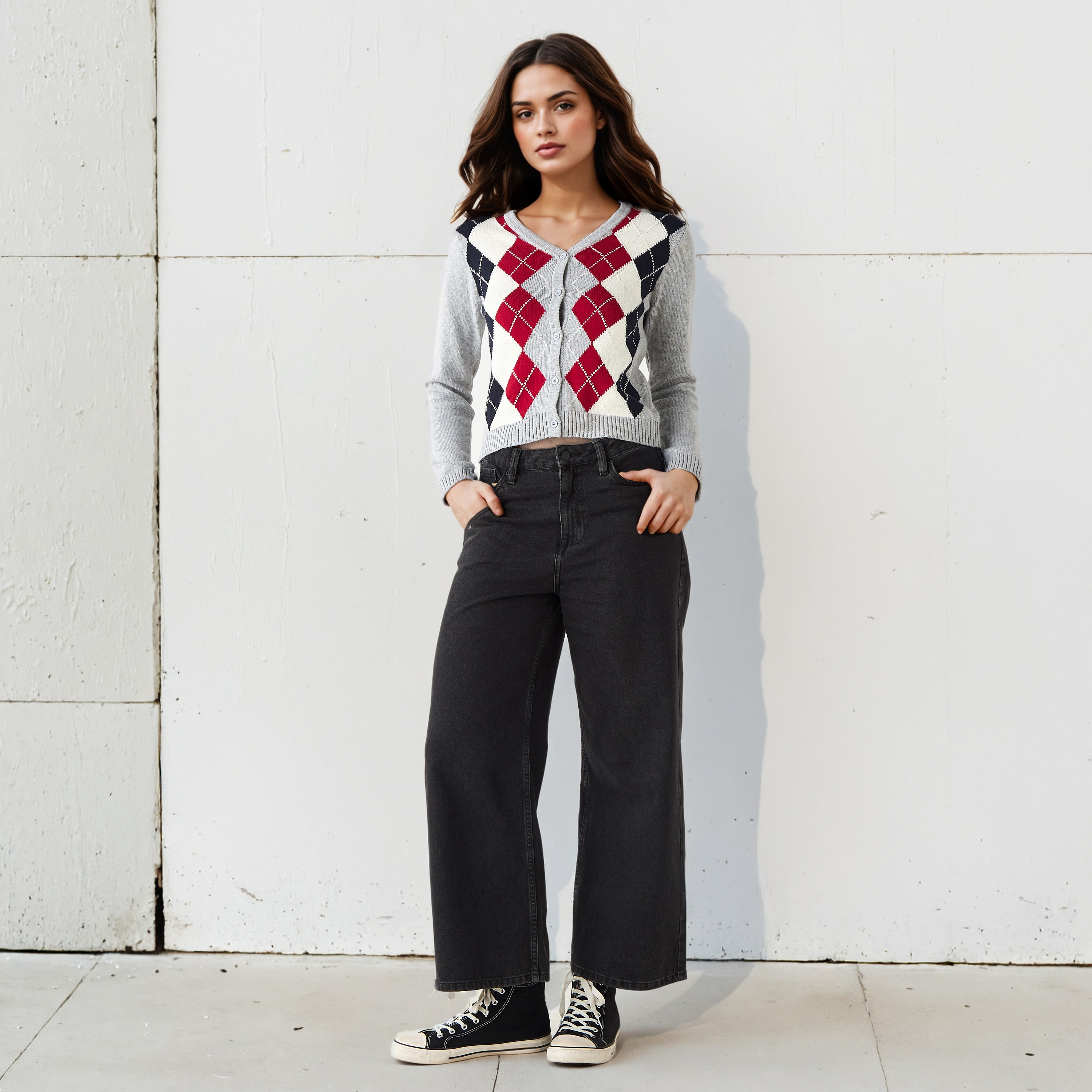 Lee Cooper Argyle Print Cardigan with V-neck and Long Sleeves-women-winterwear-cardigansandjumpers-cardigans-image-2