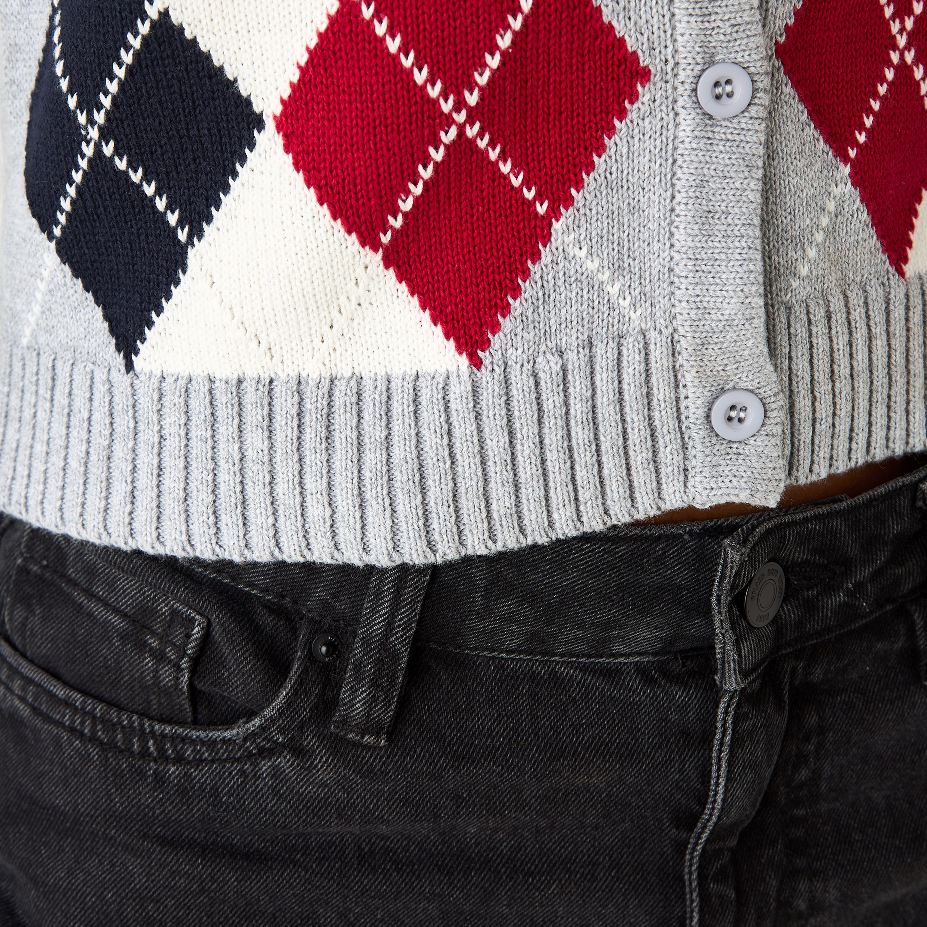 Lee Cooper Argyle Print Cardigan with V-neck and Long Sleeves-women-winterwear-cardigansandjumpers-cardigans-image-5