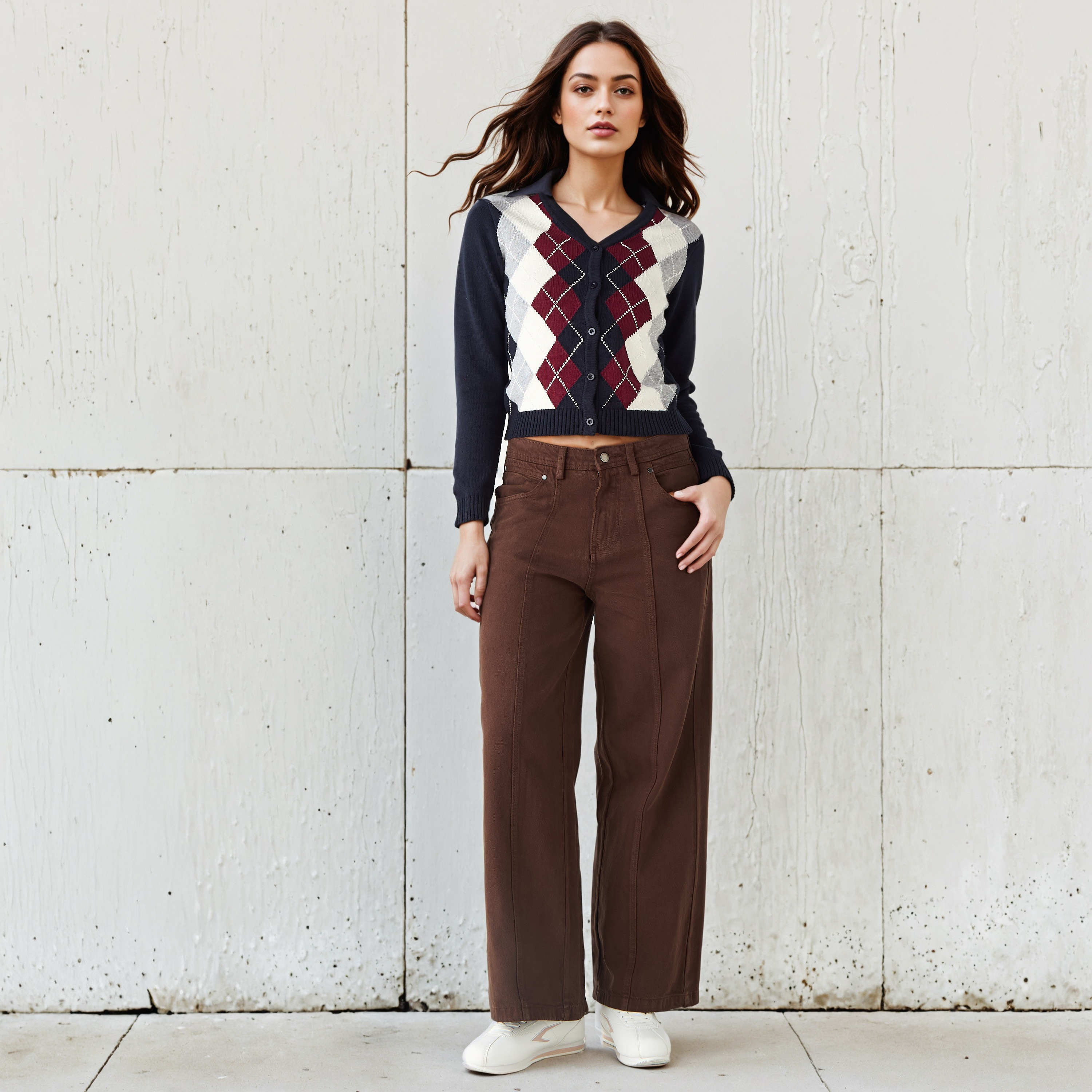 Lee Cooper Argyle Print Cardigan with V-neck and Long Sleeves-women-winterwear-cardigansandjumpers-cardigans-image-2