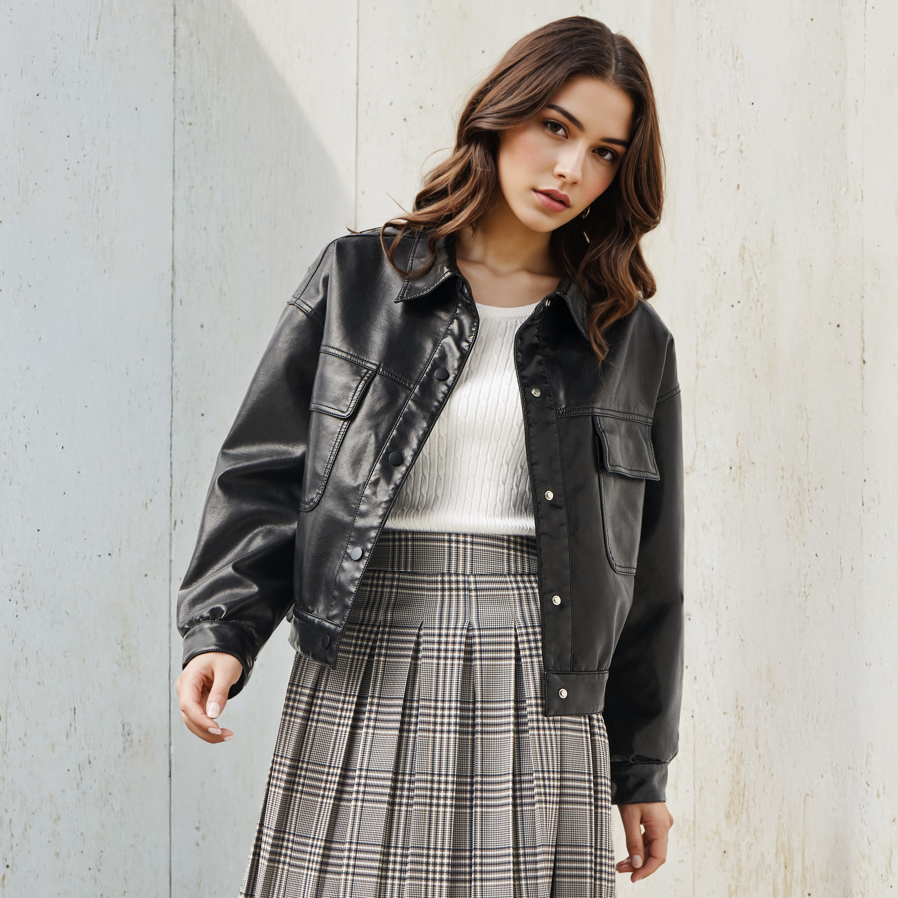 Lee Cooper PU Trucker Jacket with Flap Pockets-women-winterwear-coatsandjackets-jackets-image-1