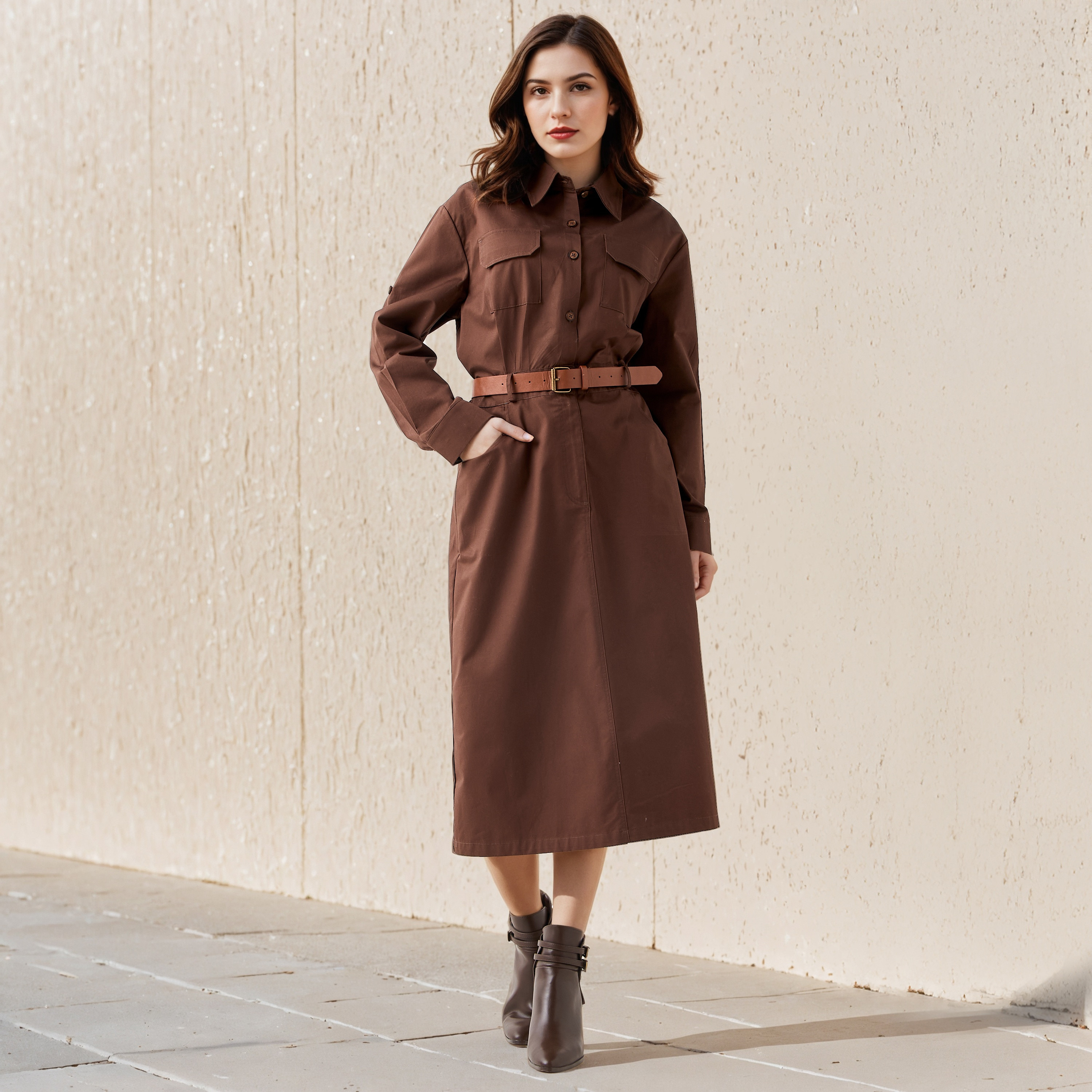 Belted Lee Cooper Midi Cotton Shirt Dress-women-clothing-dresses-image-1