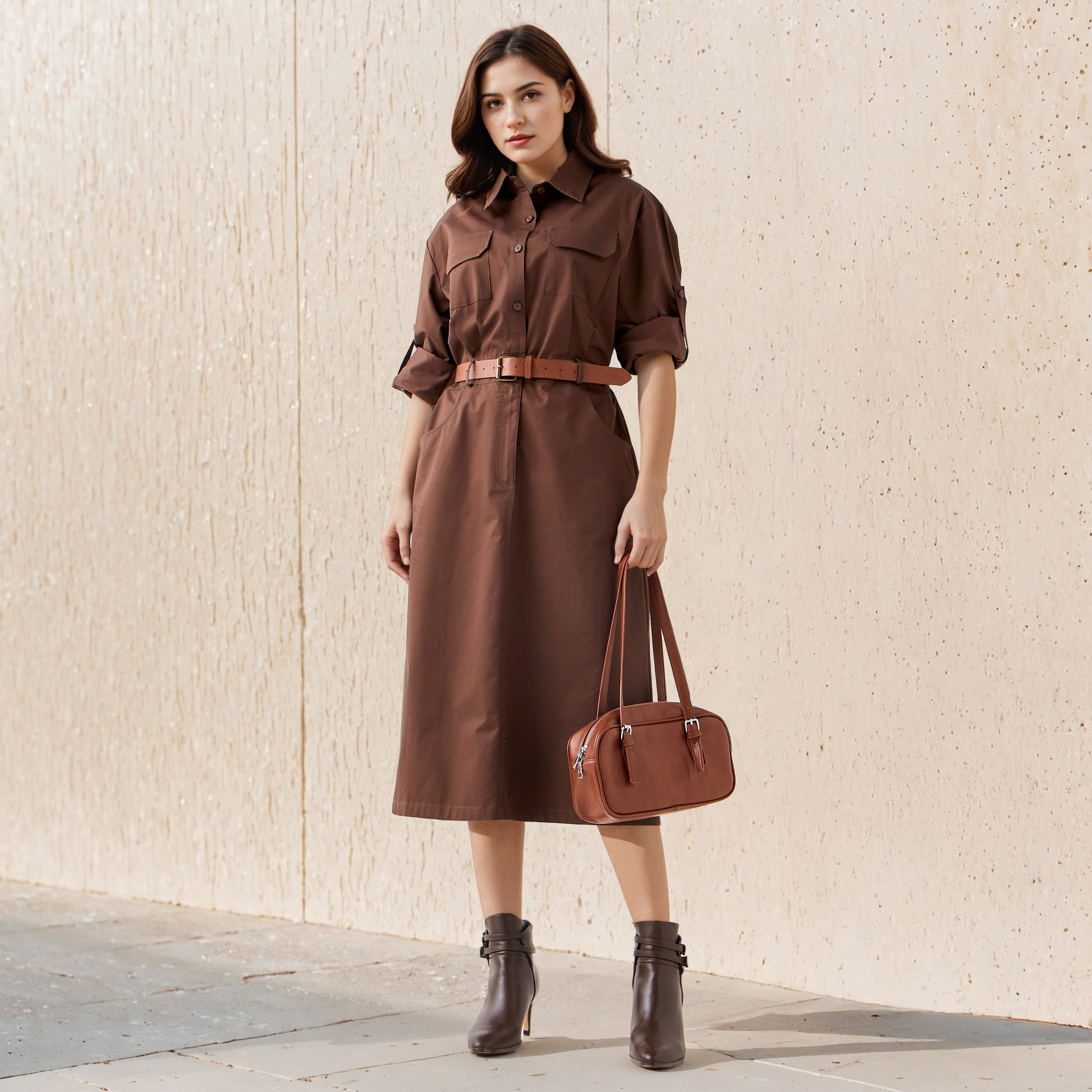 فستان قميص قطن متوسط الطول بحزام من لي كوبر-women-clothing-dresses-image-2