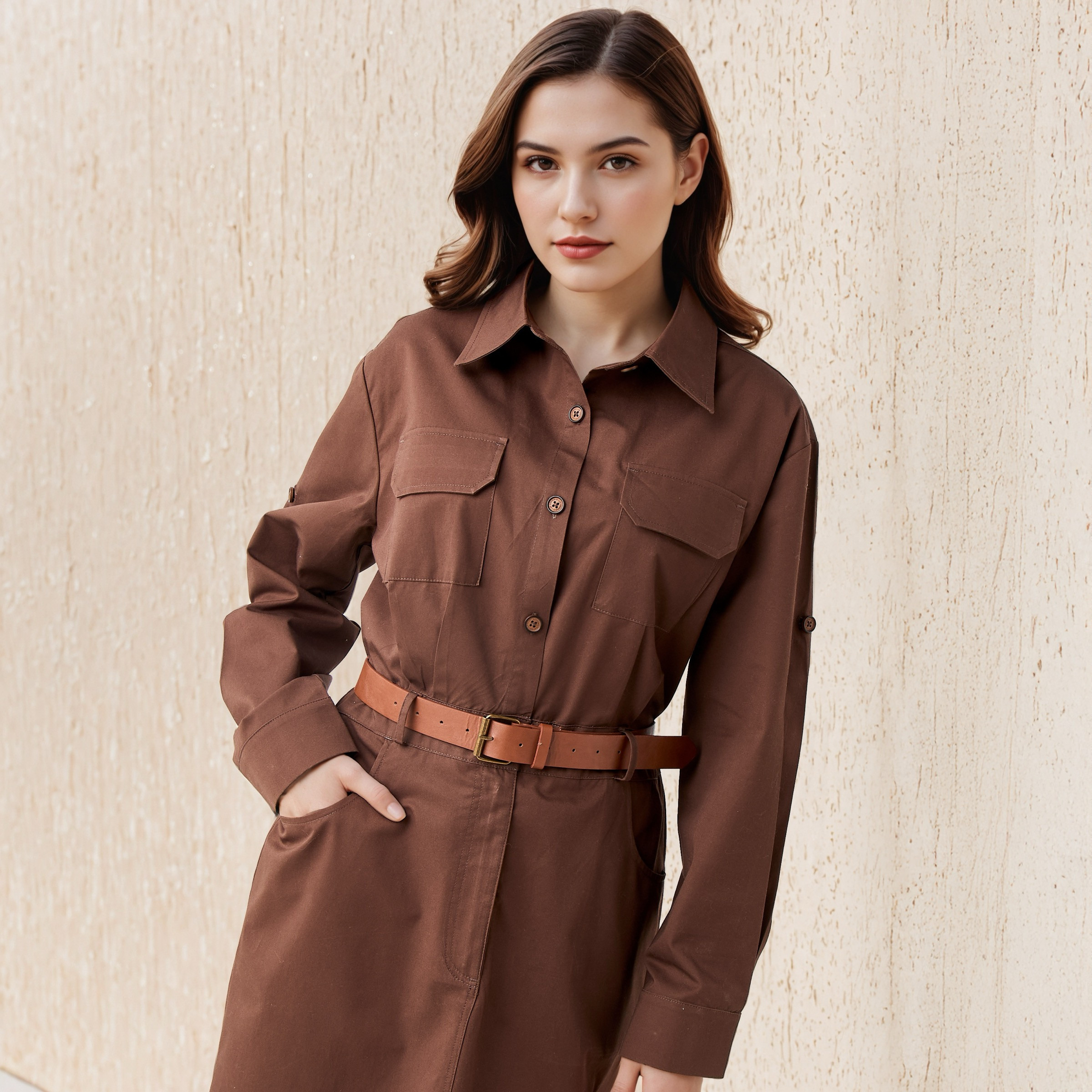 فستان قميص قطن متوسط الطول بحزام من لي كوبر-women-clothing-dresses-image-4
