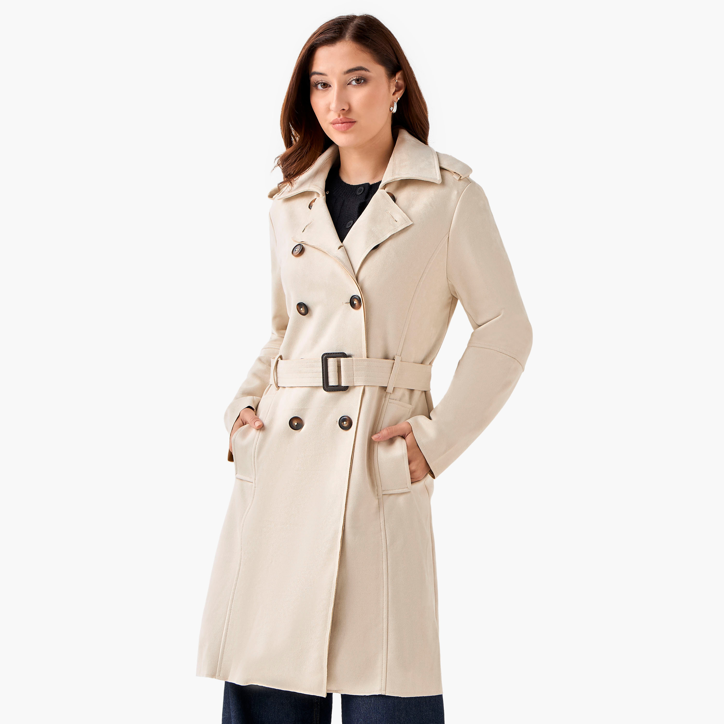 جاكيت ترانش جلد سويدي بحزام بقصّة عادية من لي كوبر-women-winterwear-coatsandjackets-coats-image-1