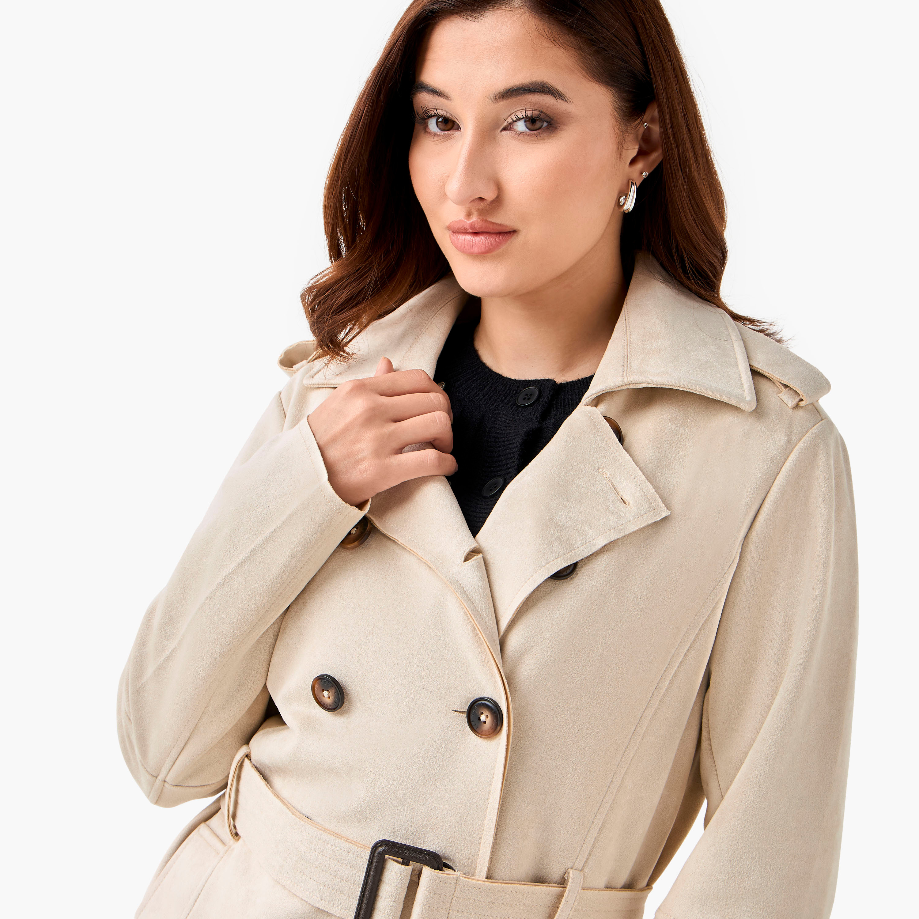 جاكيت ترانش جلد سويدي بحزام بقصّة عادية من لي كوبر-women-winterwear-coatsandjackets-coats-image-4