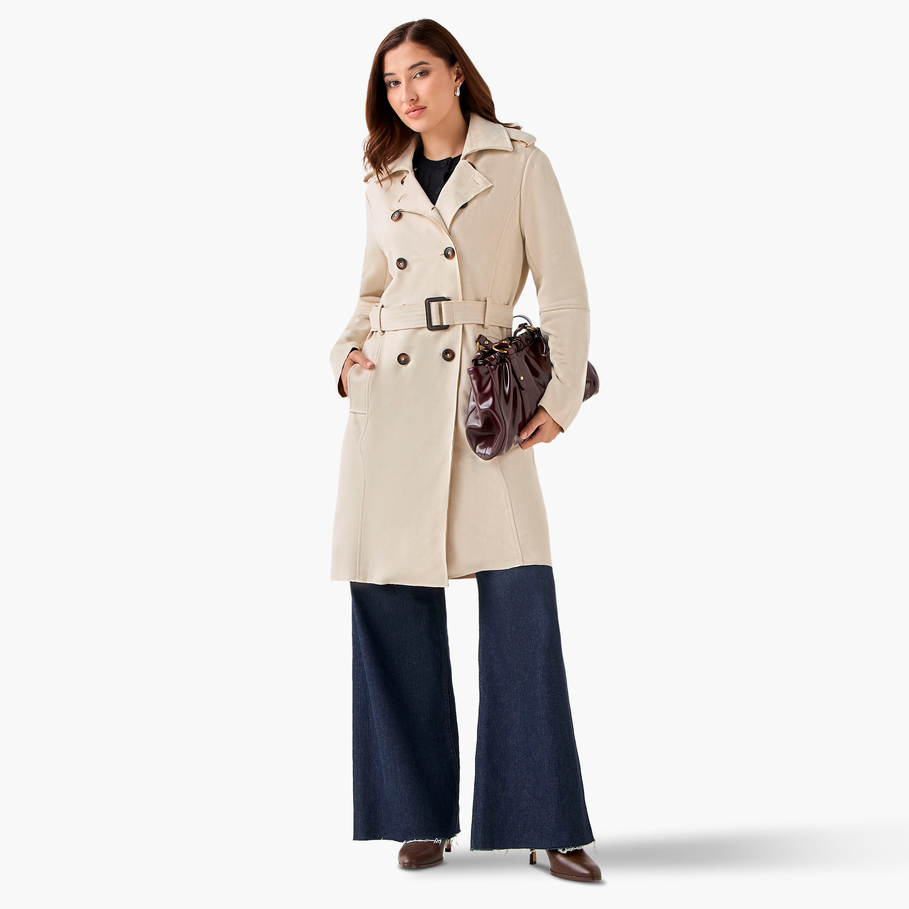 جاكيت ترانش جلد سويدي بحزام بقصّة عادية من لي كوبر-women-winterwear-coatsandjackets-coats-image-5