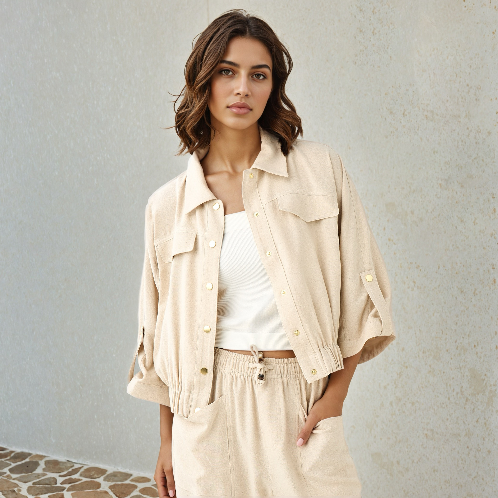 Lee Cooper Cropped Collared Linen Blend Jacket-women-winterwear-coatsandjackets-jackets-image-1