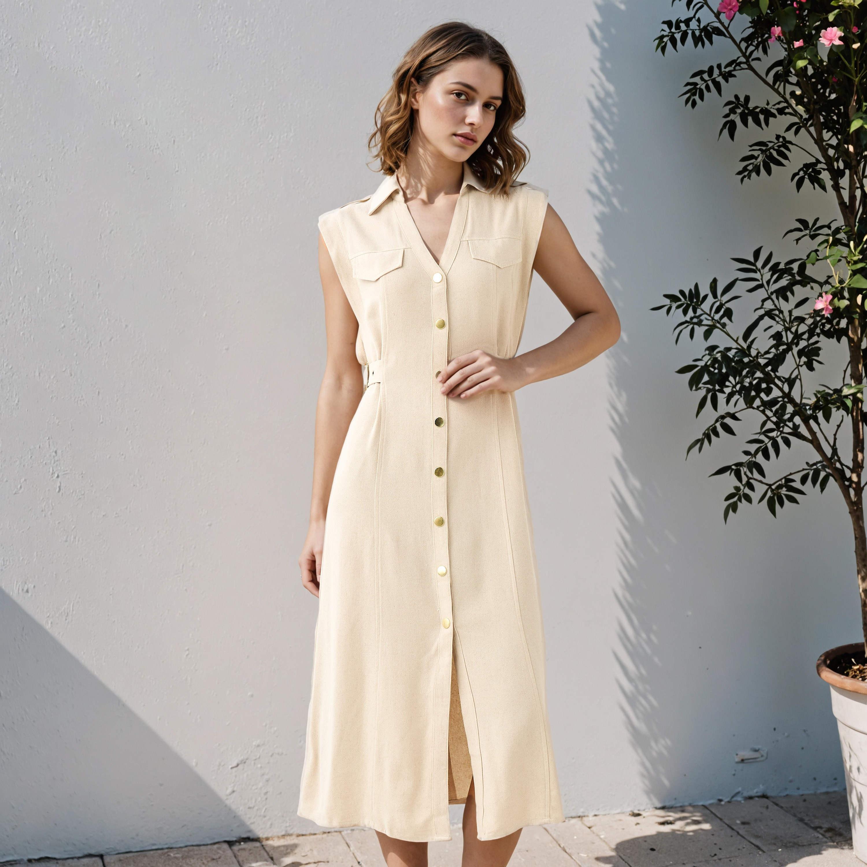 Lee Cooper Sleeveless Belted Linen Blend Shirt Dress-women-clothing-dresses-image-1