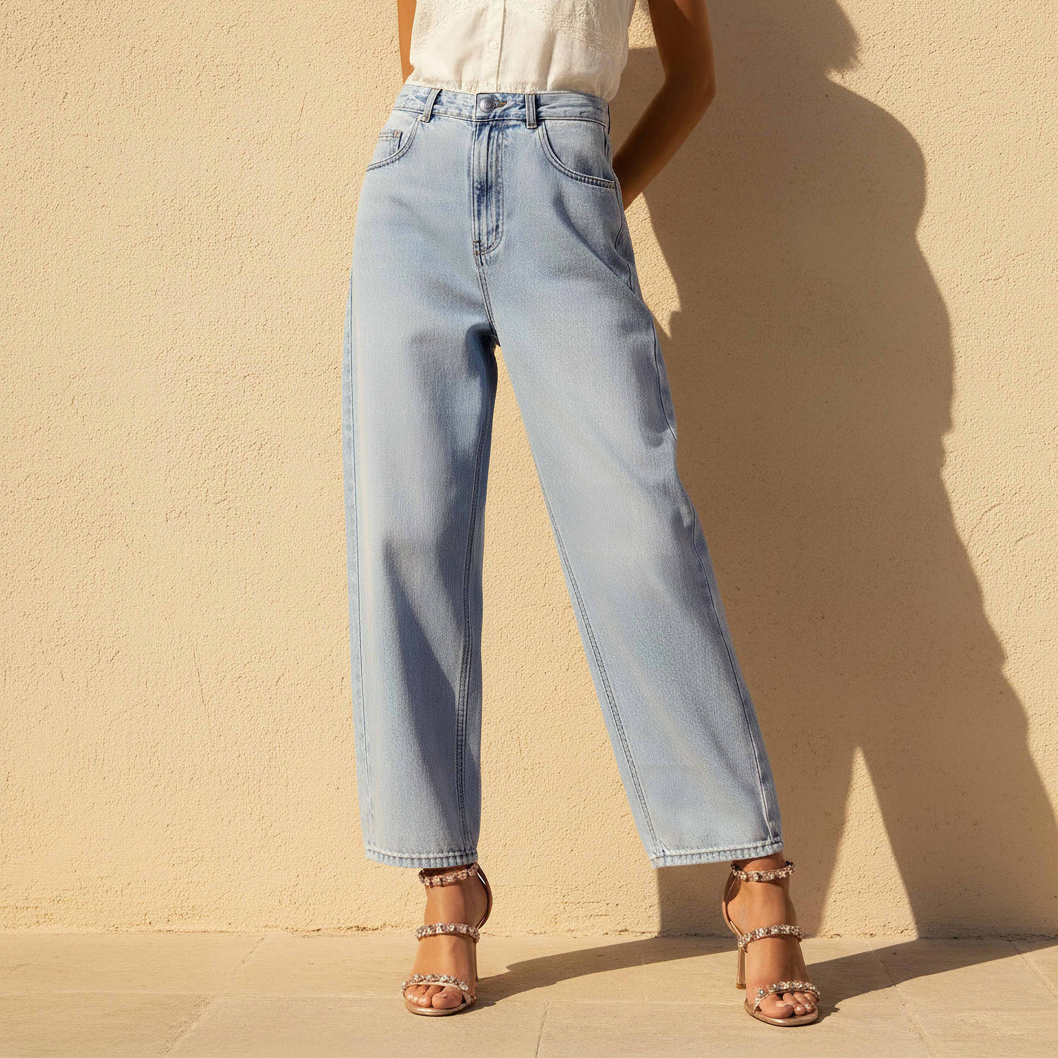بنطلون جينز قطن بقصة برميل من لي كوبر-women-clothing-bottoms-jeans-image-1