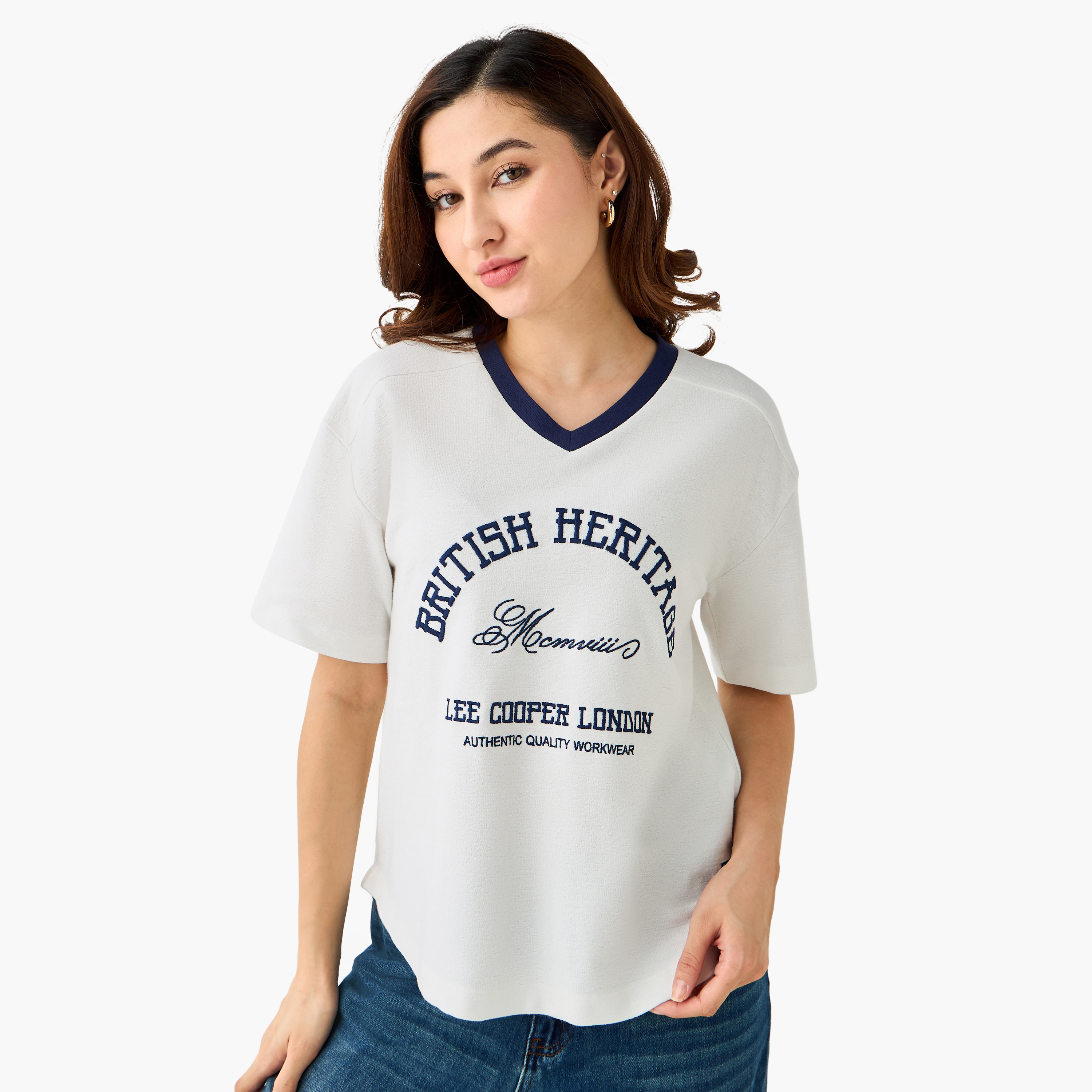 Lee Cooper Regular Fit T-shirt with Logo Embroidery and V-neck-women-clothing-tshirts-image-2