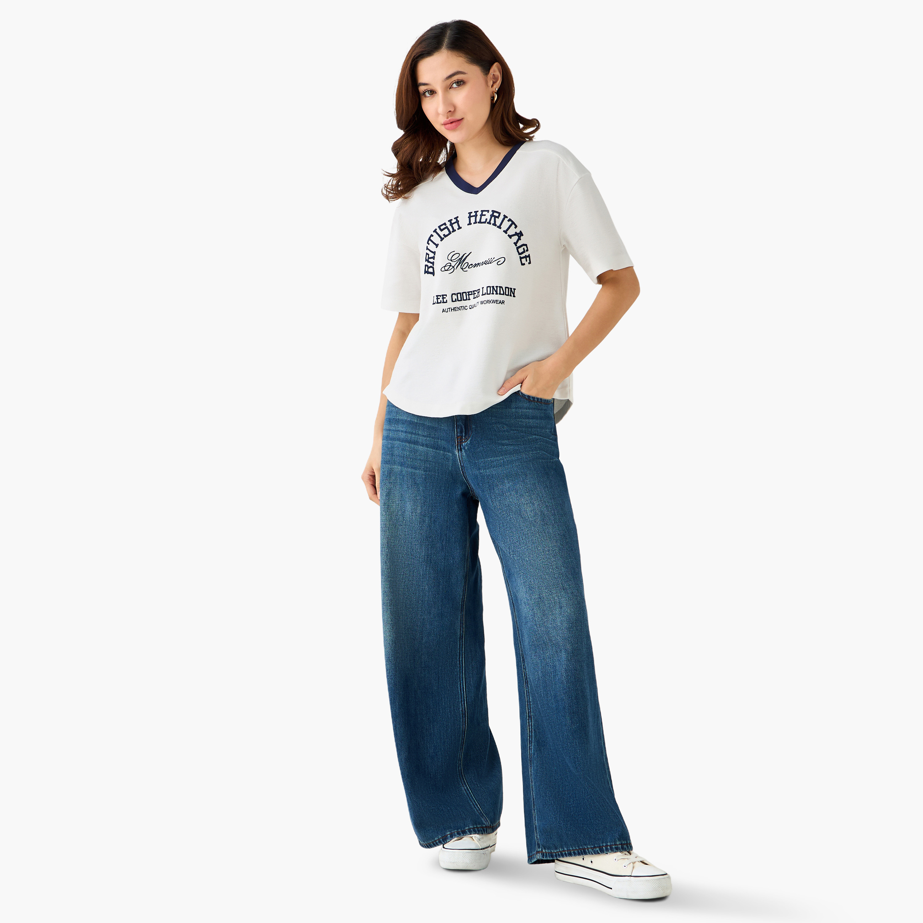 Lee Cooper Regular Fit T-shirt with Logo Embroidery and V-neck-women-clothing-tshirts-image-3