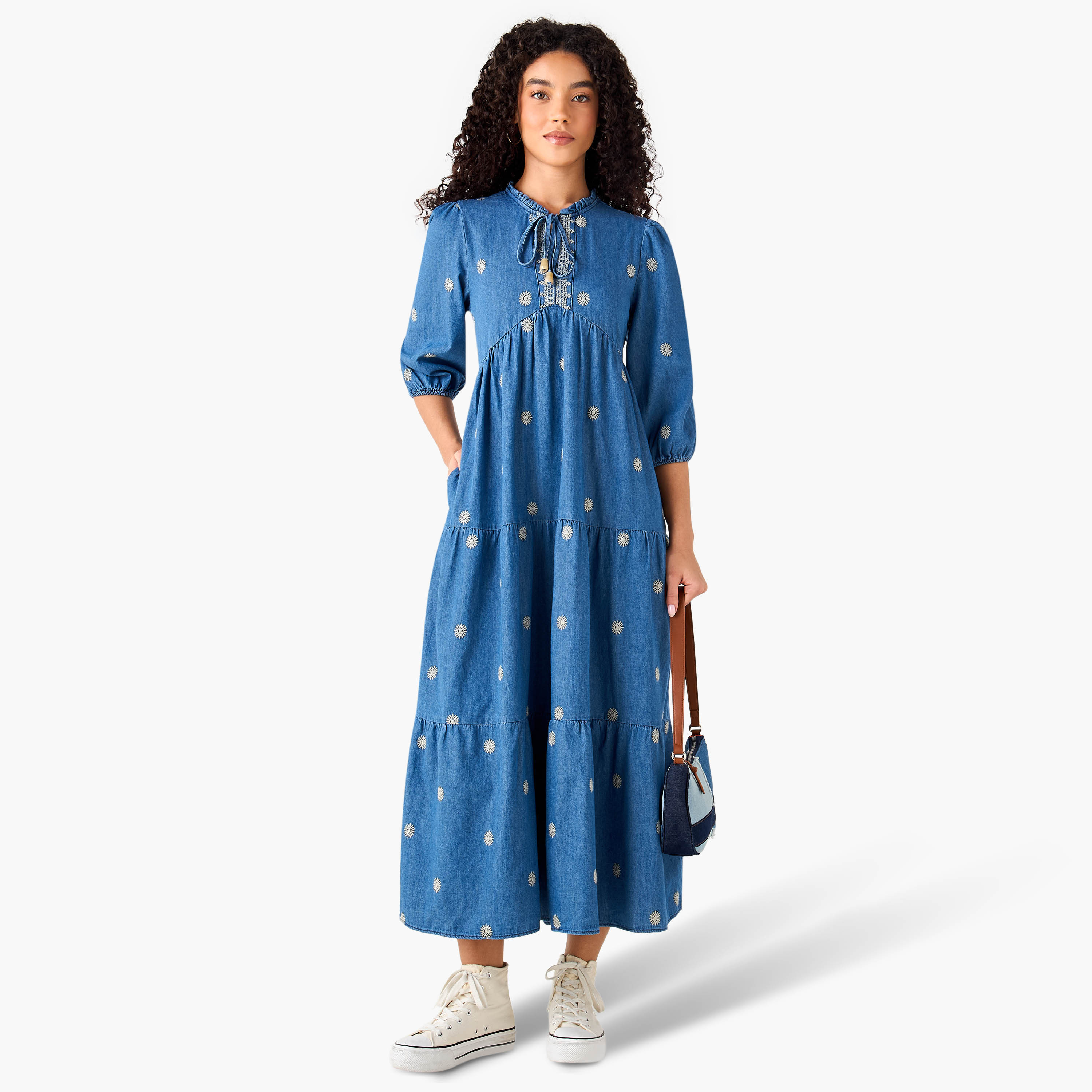 Lee Cooper Embroidered Midi Denim Dress with Tie-Up Neck-women-clothing-dresses-image-6