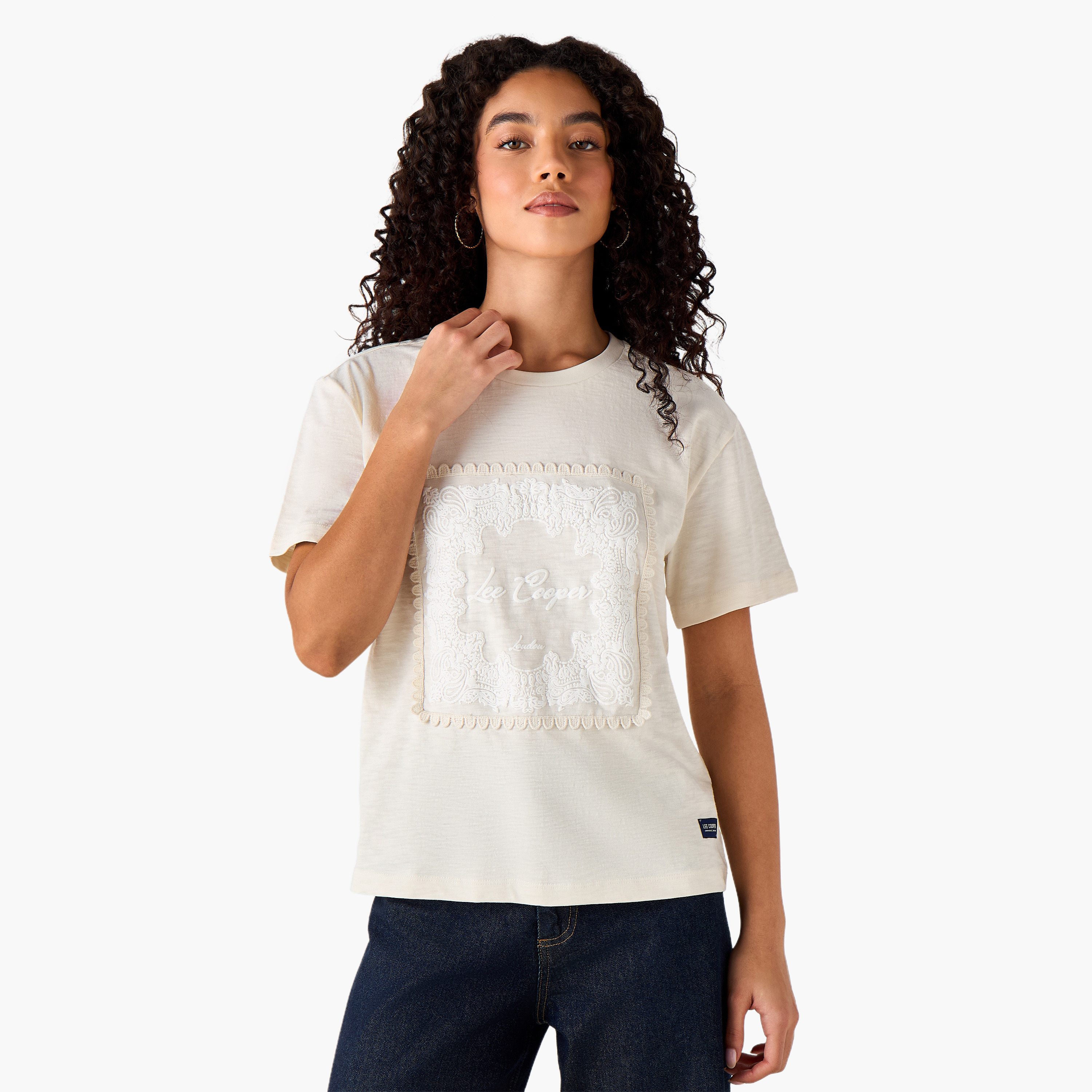 Lee Cooper Regular Fit Cotton T-shirt with Embroidered Patch-women-clothing-tshirts-image-2