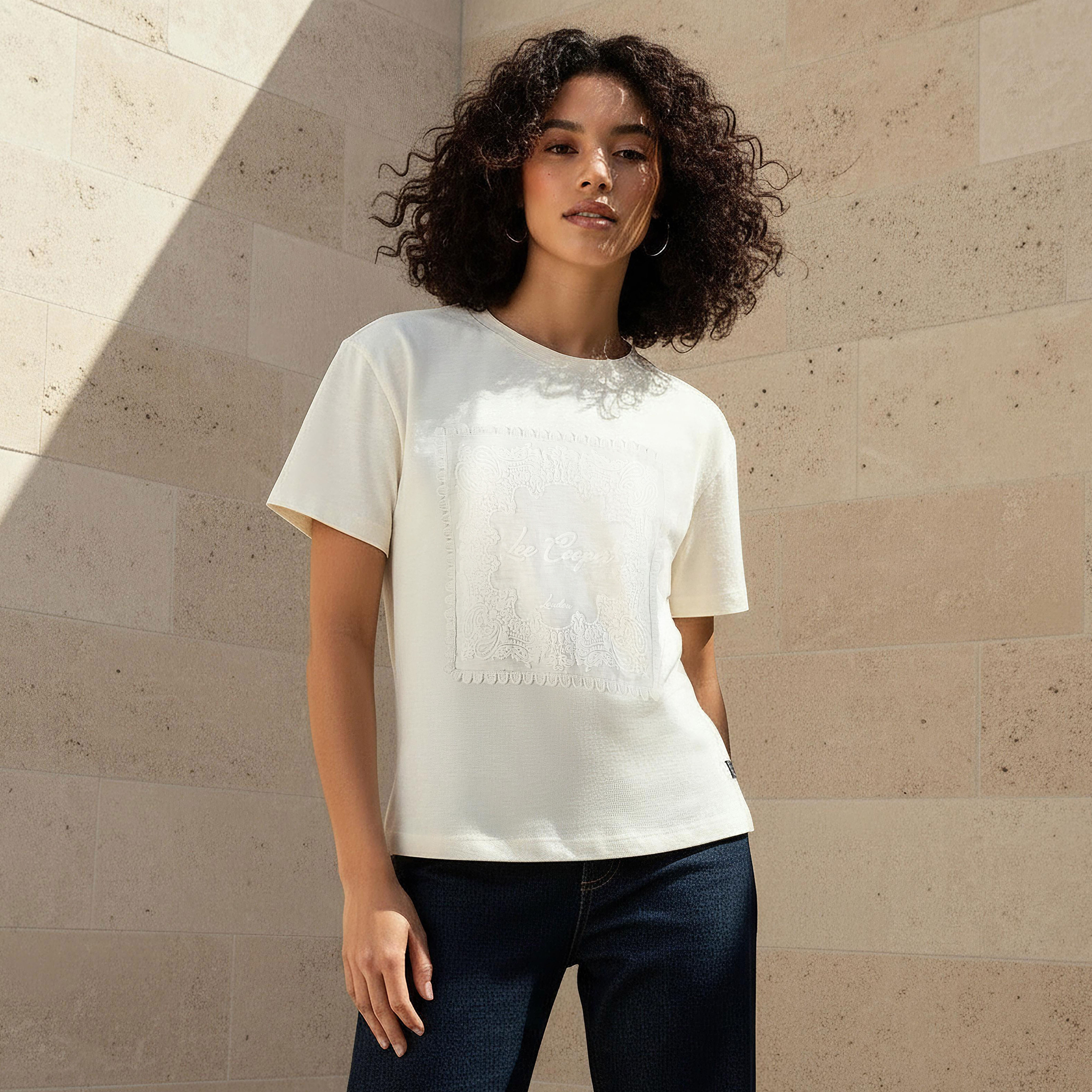 Lee Cooper Regular Fit Cotton T-shirt with Embroidered Patch-women-clothing-tshirts-image-1