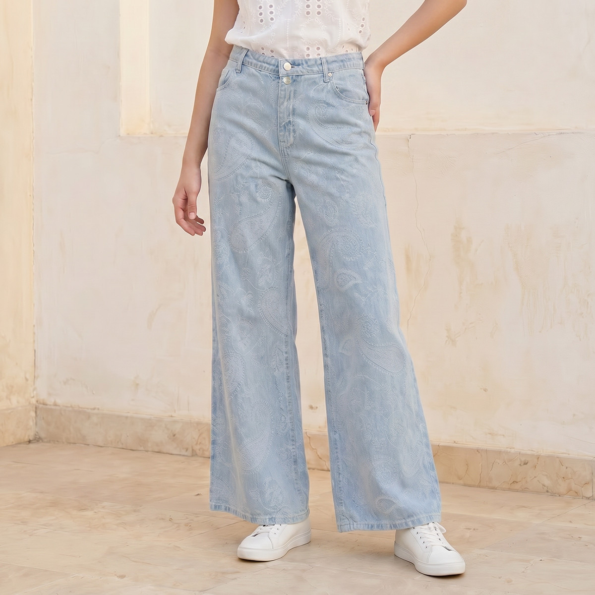 Lee Cooper Wide Leg High-Rise Jeans with Jacquard Detail-women-clothing-bottoms-jeans-image-1