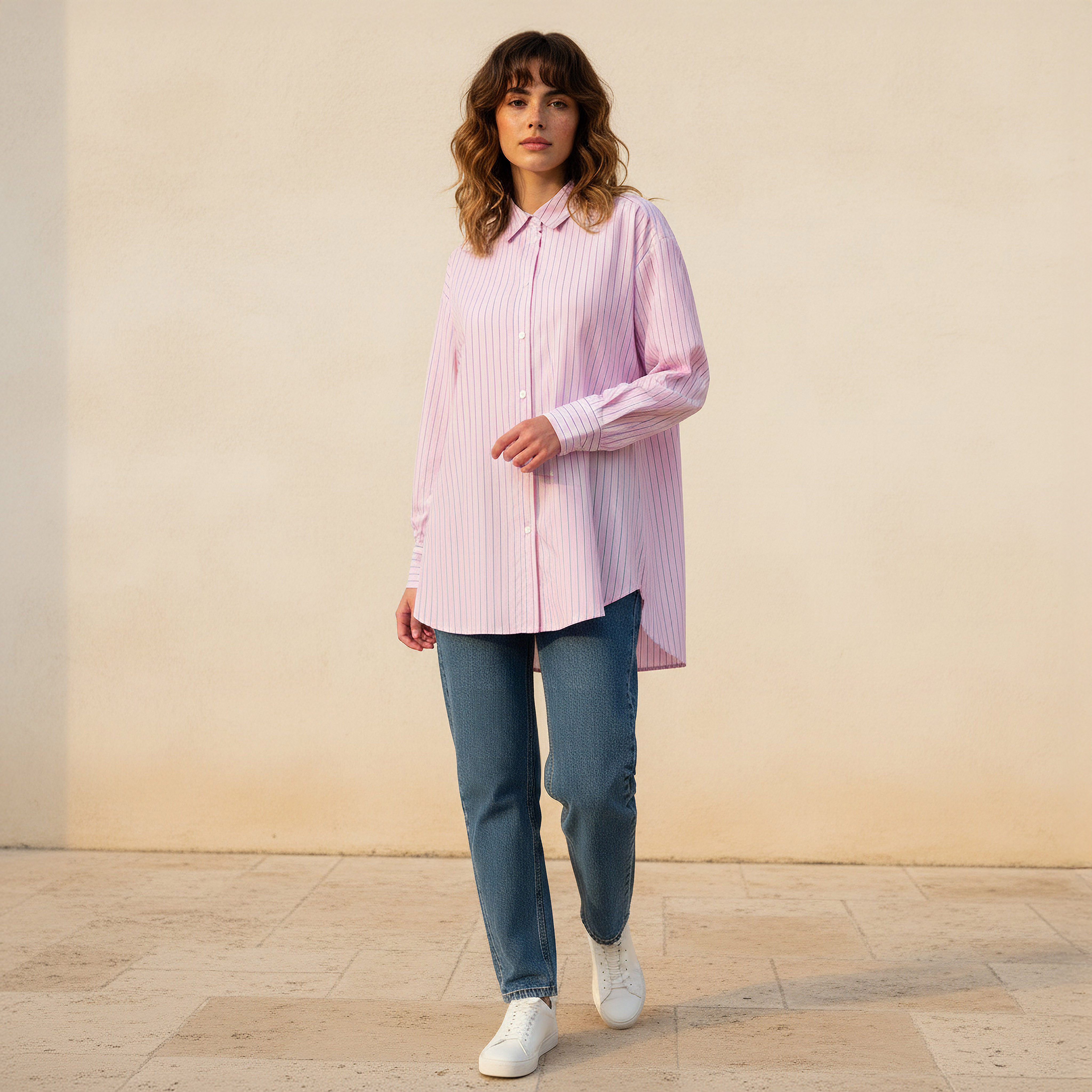 Lee Cooper Regular Fit Striped Longline Shirt with Long Sleeves-women-clothing-shirtsandblouses-shirts-image-3