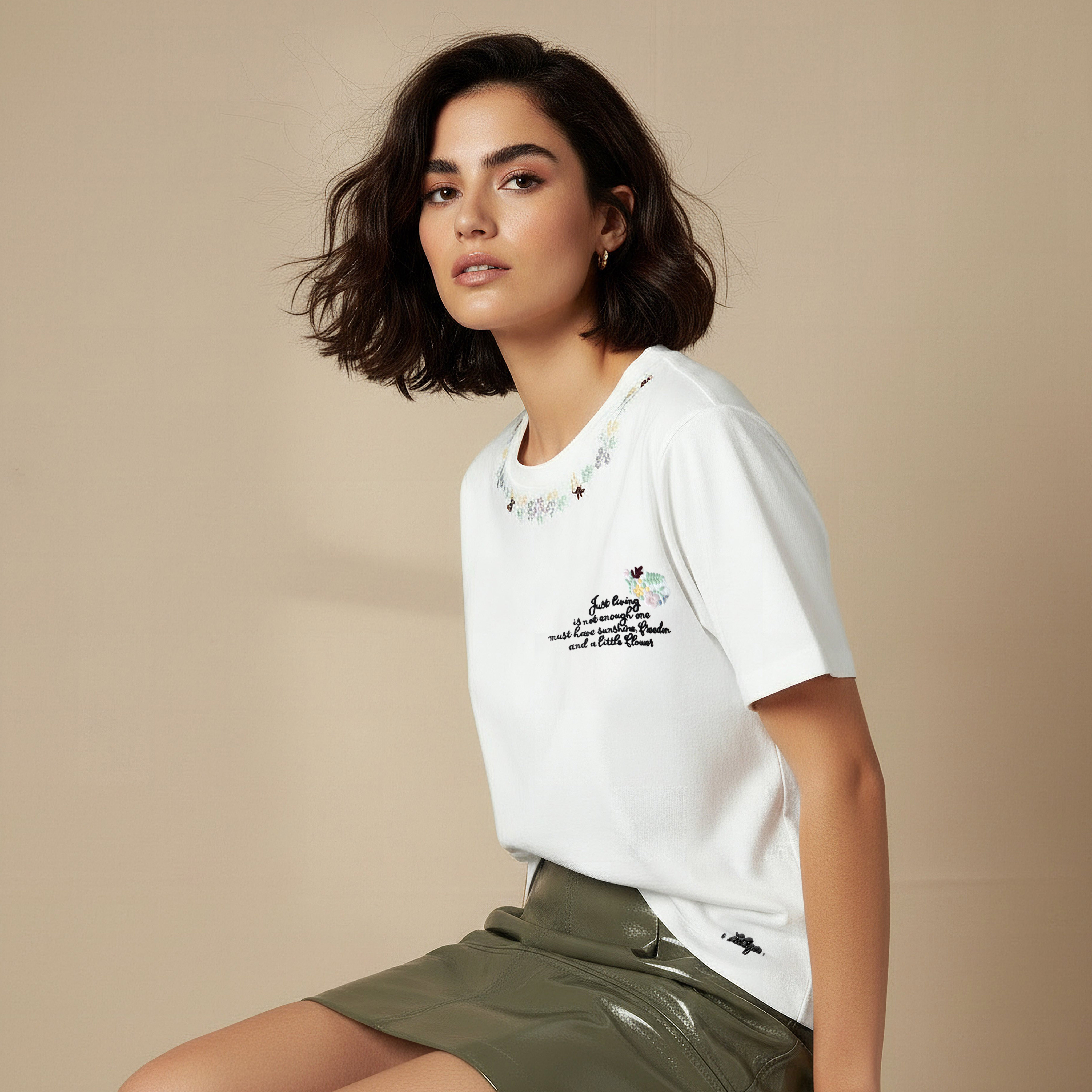 Lee Cooper Cotton T-shirt with Floral Slogan Embroidery-women-clothing-tshirts-image-1