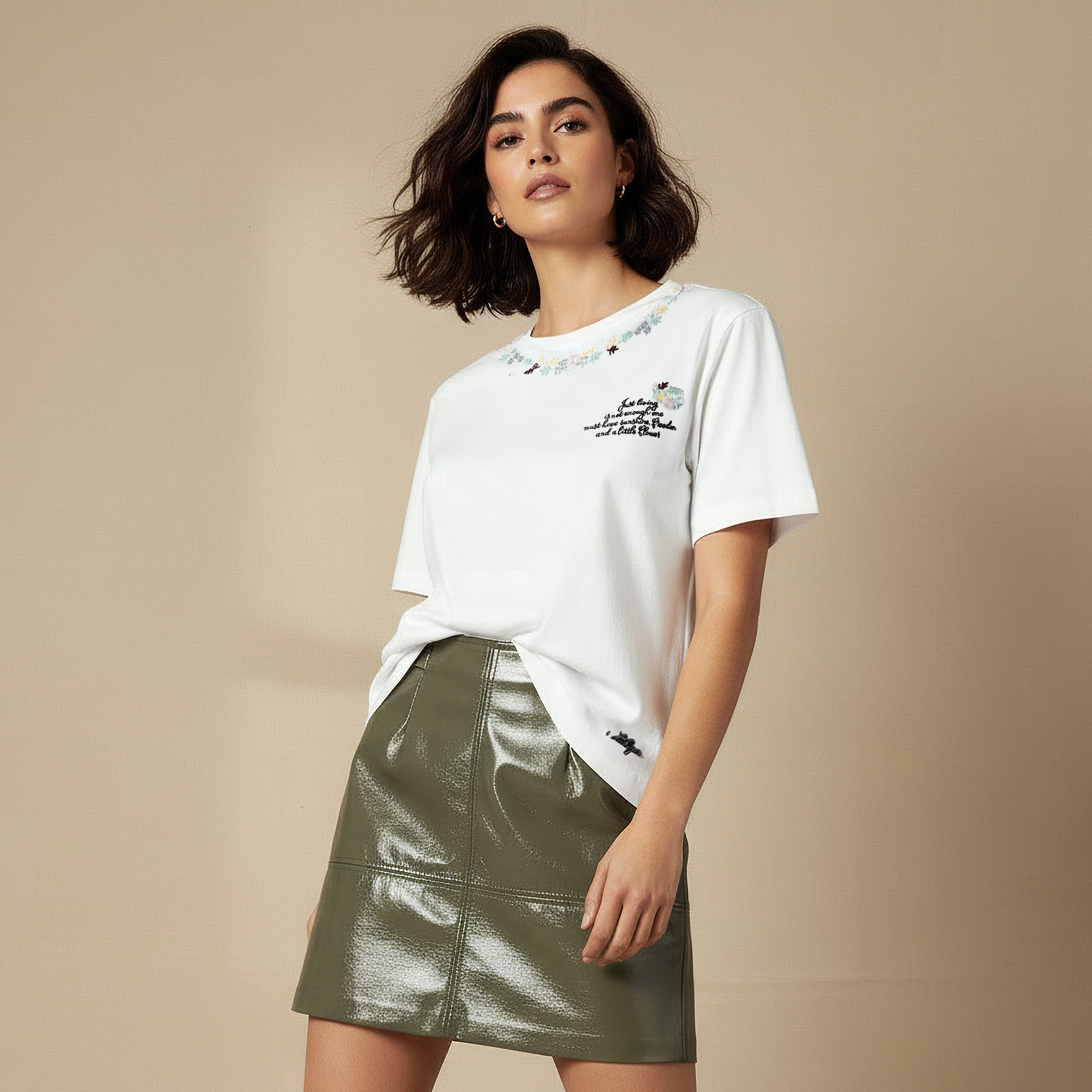 Lee Cooper Cotton T-shirt with Floral Slogan Embroidery-women-clothing-tshirts-image-5