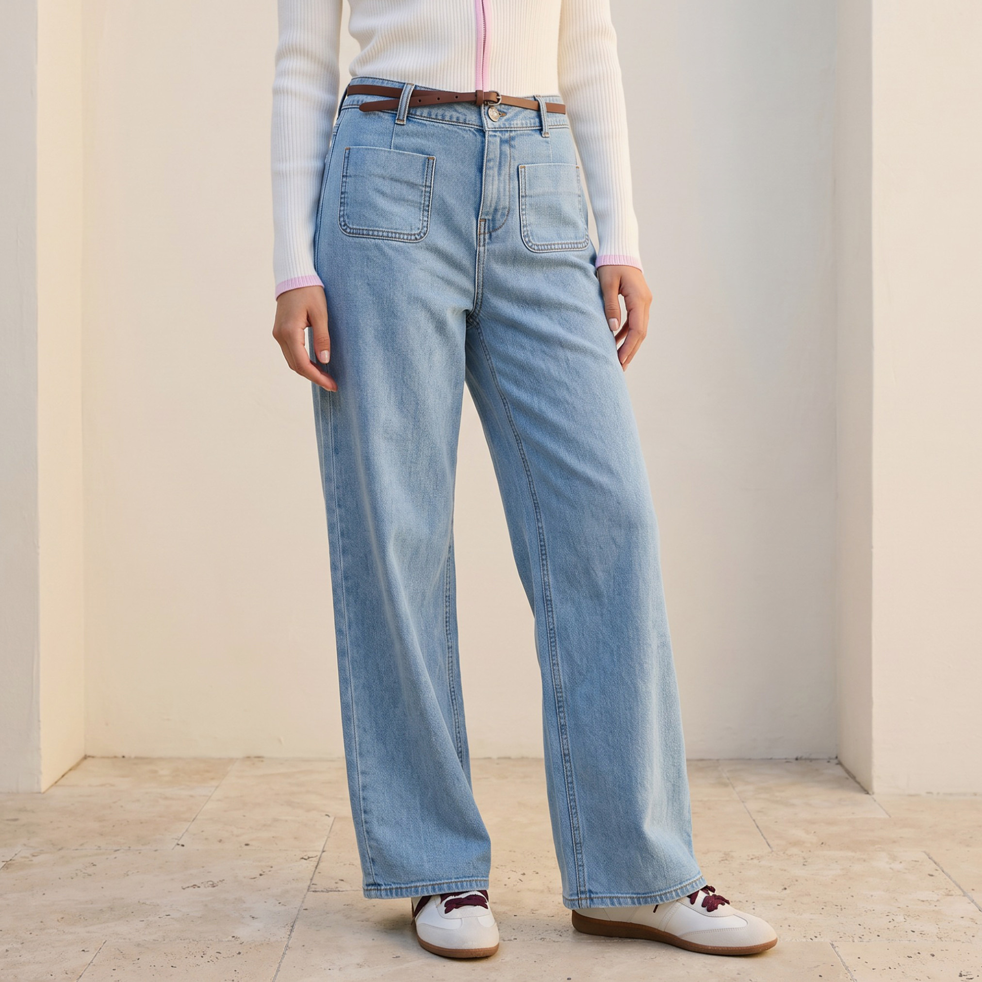 Lee Cooper Wide Leg Belted Cotton Jeans-women-clothing-bottoms-jeans-image-1