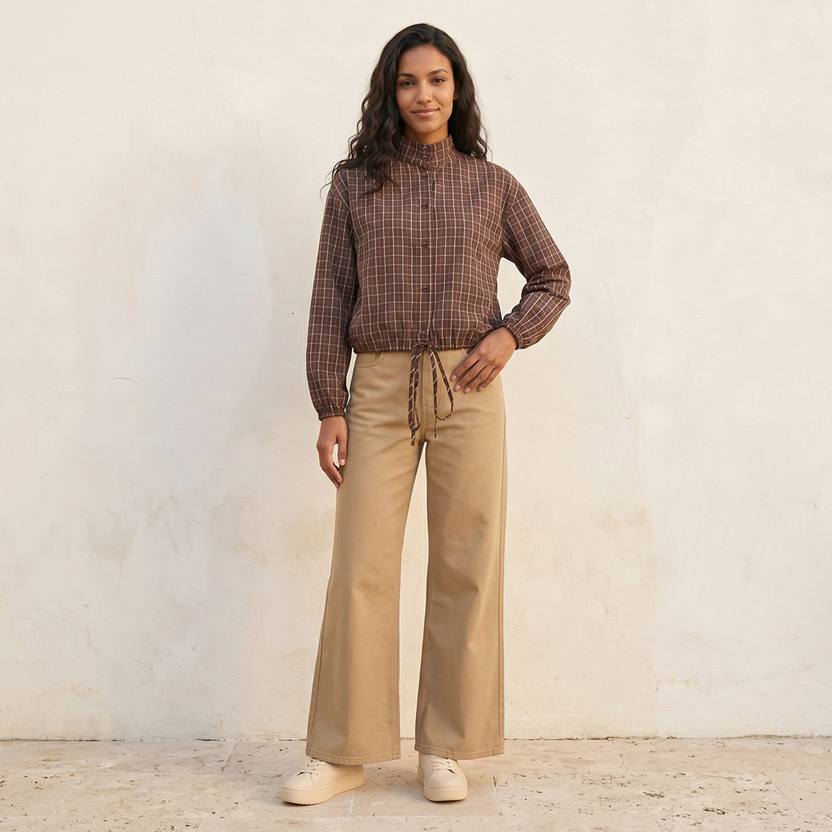 قميص قطن كاروهات بياقة عالية من لي كوبر-women-clothing-shirtsandblouses-shirts-image-3
